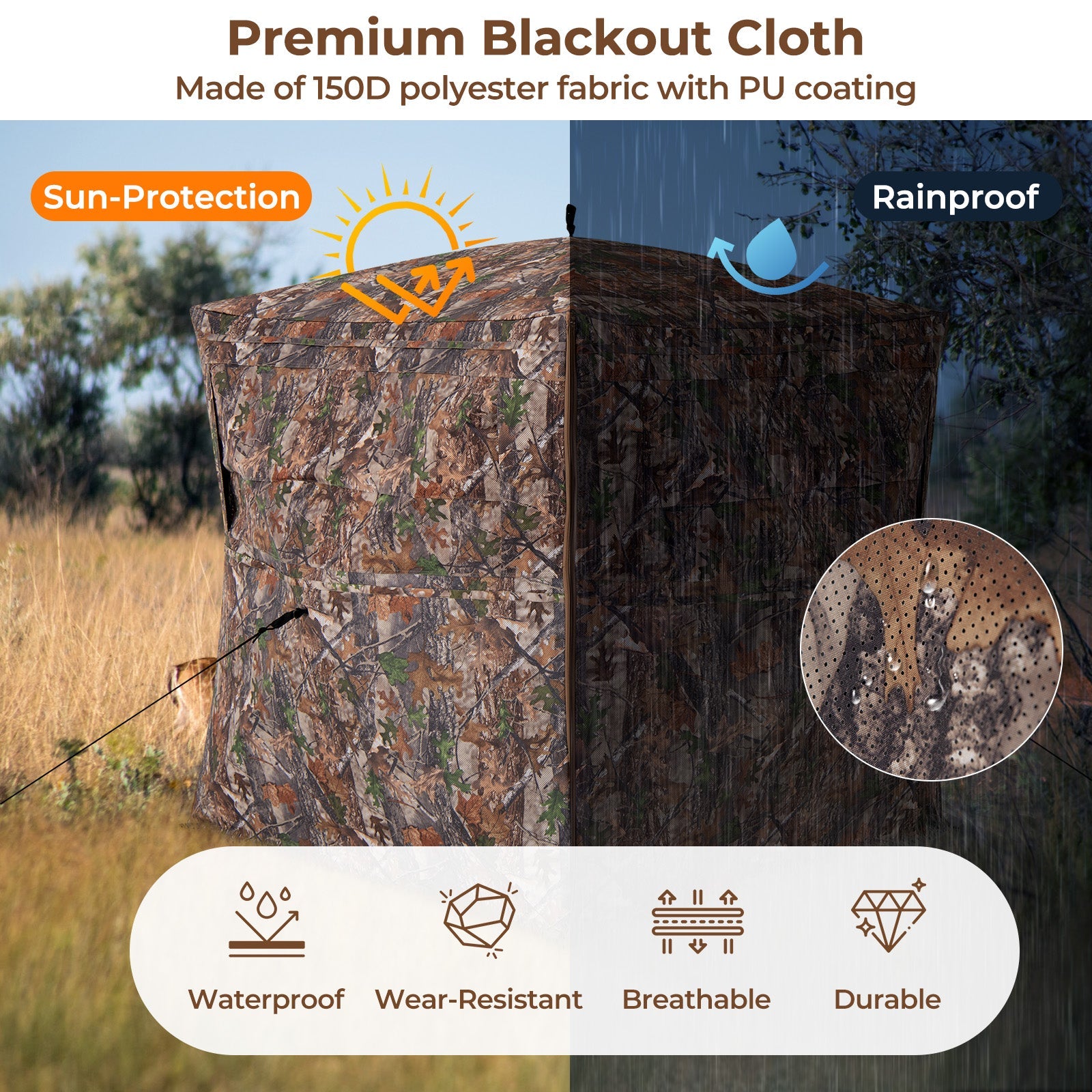 Hunting Blind 360 Degree One-Way See-Through Ground Blind for 2-3 Person - Energize Trek