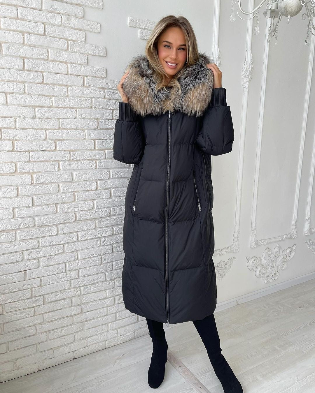 Genuine Silver Fox Fur Trim Long Down Fill Coat - Energize Trek
