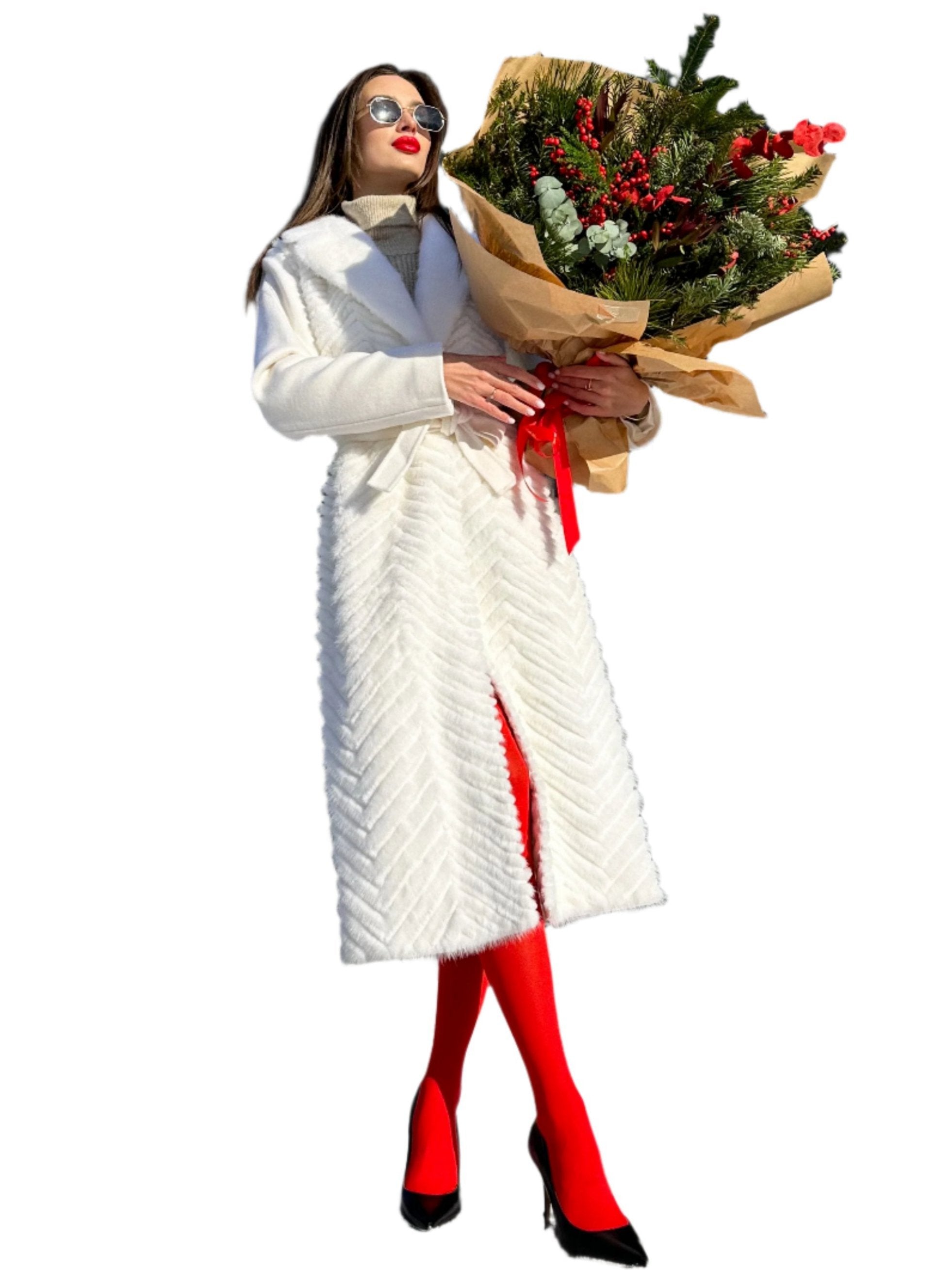 Genuine Mink Fur Rex Fur Trim Virgin Wool Coat in White - Energize Trek