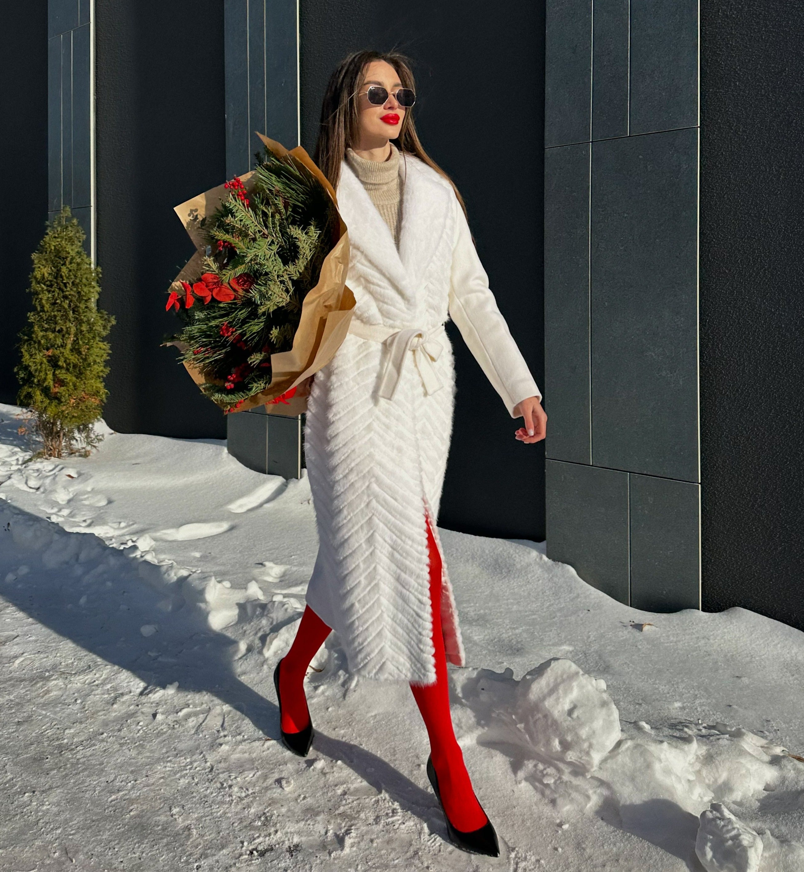 Genuine Mink Fur Rex Fur Trim Virgin Wool Coat in White - Energize Trek
