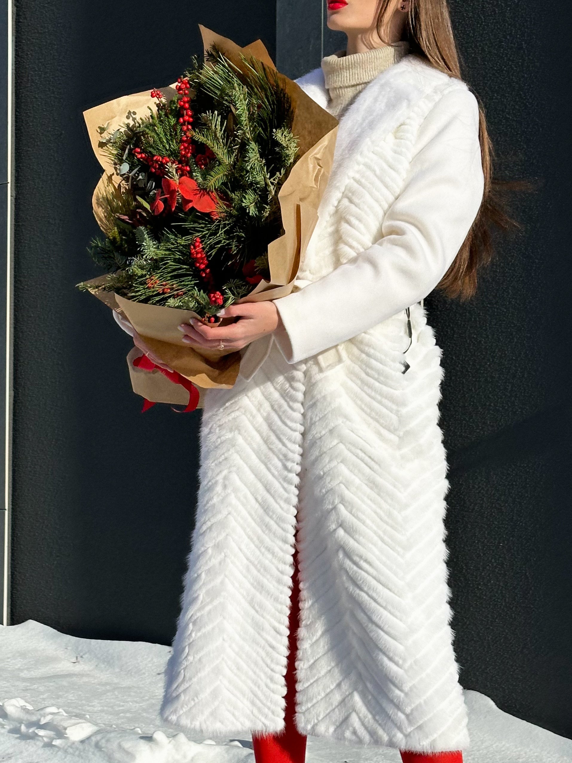 Genuine Mink Fur Rex Fur Trim Virgin Wool Coat in White - Energize Trek