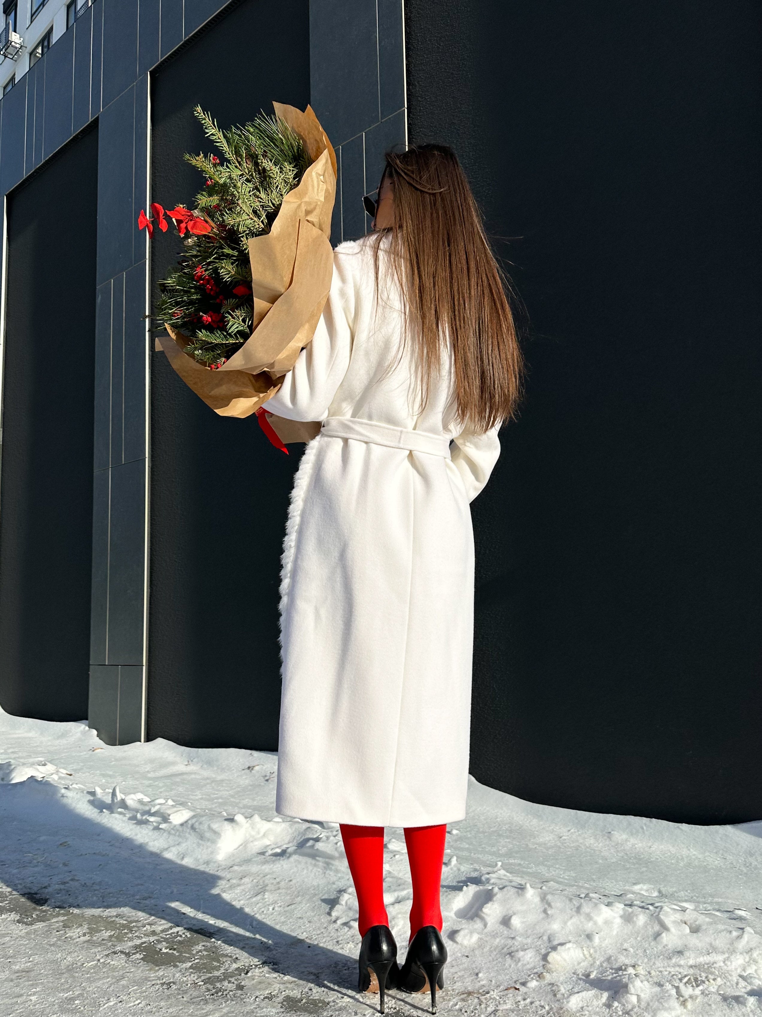 Genuine Mink Fur Rex Fur Trim Virgin Wool Coat in White - Energize Trek