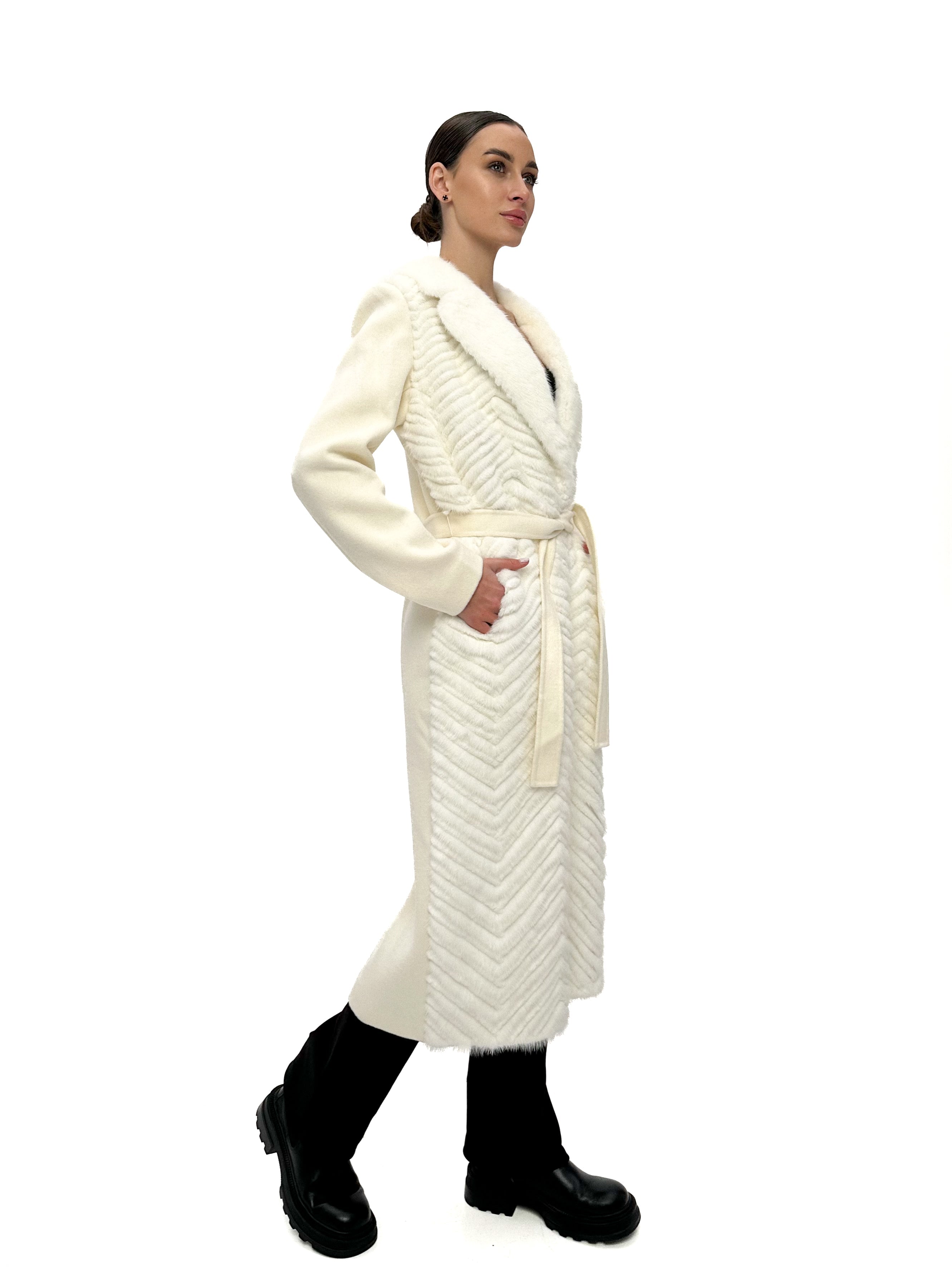 Genuine Mink Fur Rex Fur Trim Virgin Wool Coat in White - Energize Trek
