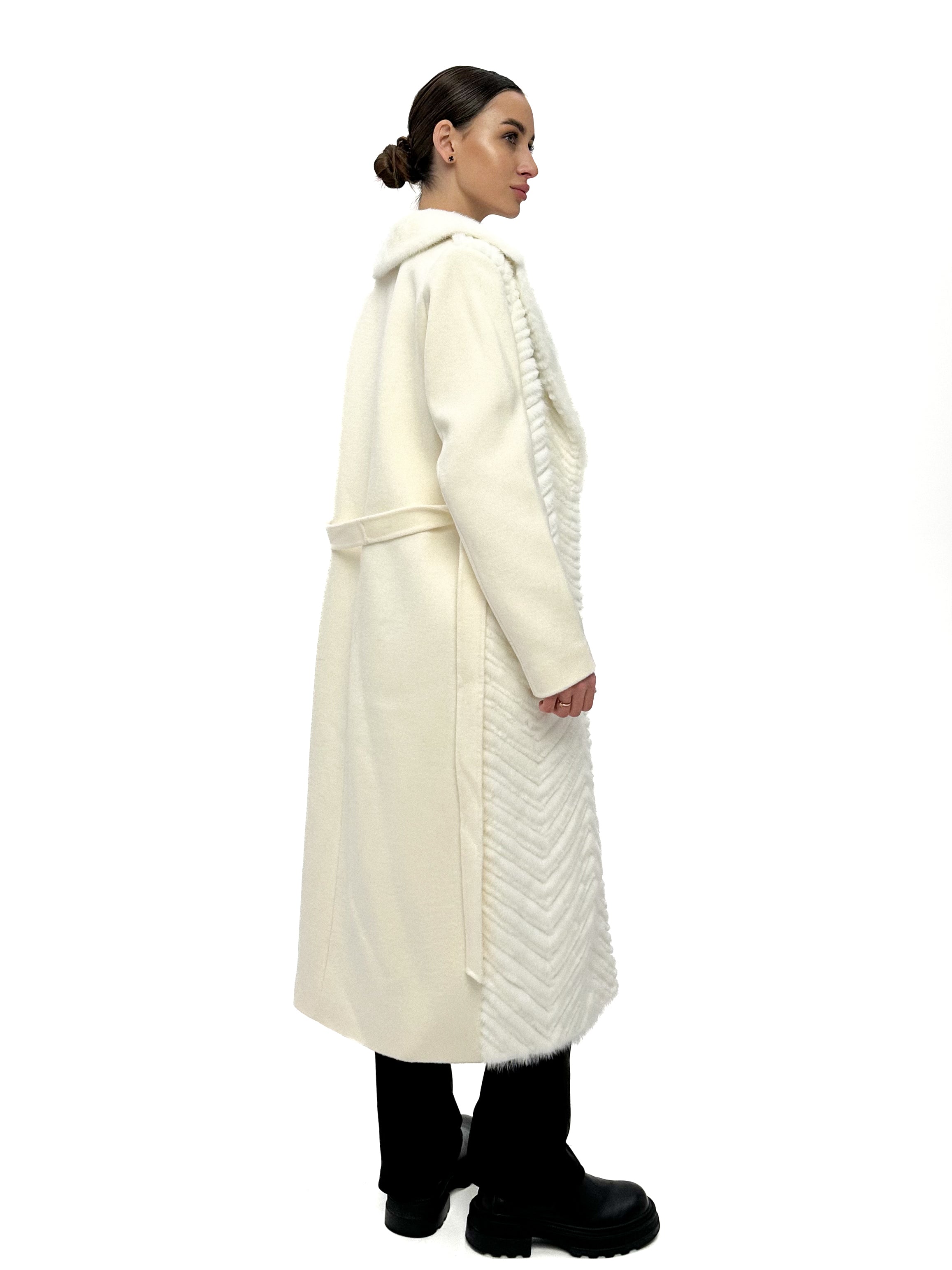 Genuine Mink Fur Rex Fur Trim Virgin Wool Coat in White - Energize Trek