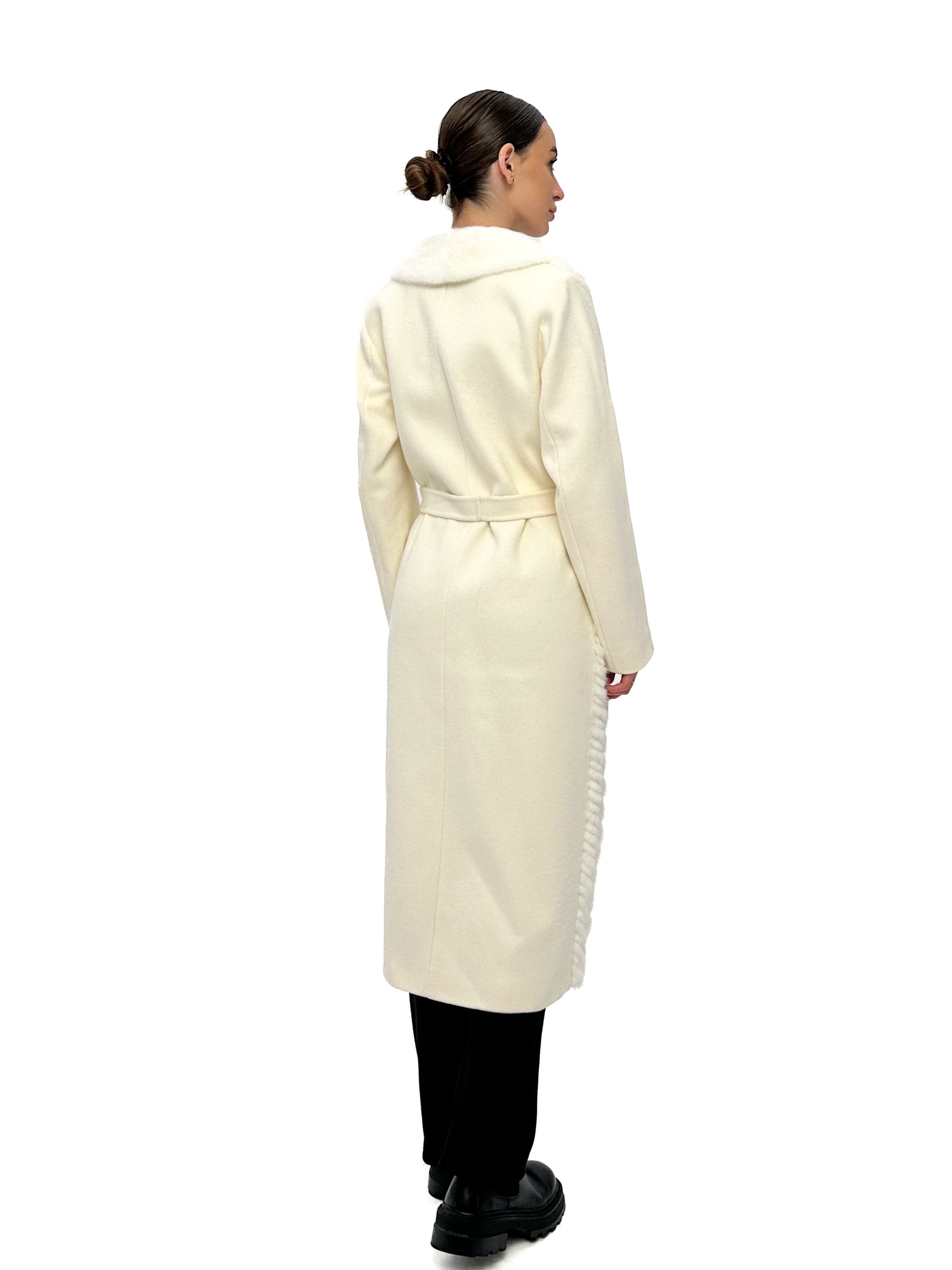 Genuine Mink Fur Rex Fur Trim Virgin Wool Coat in White - Energize Trek