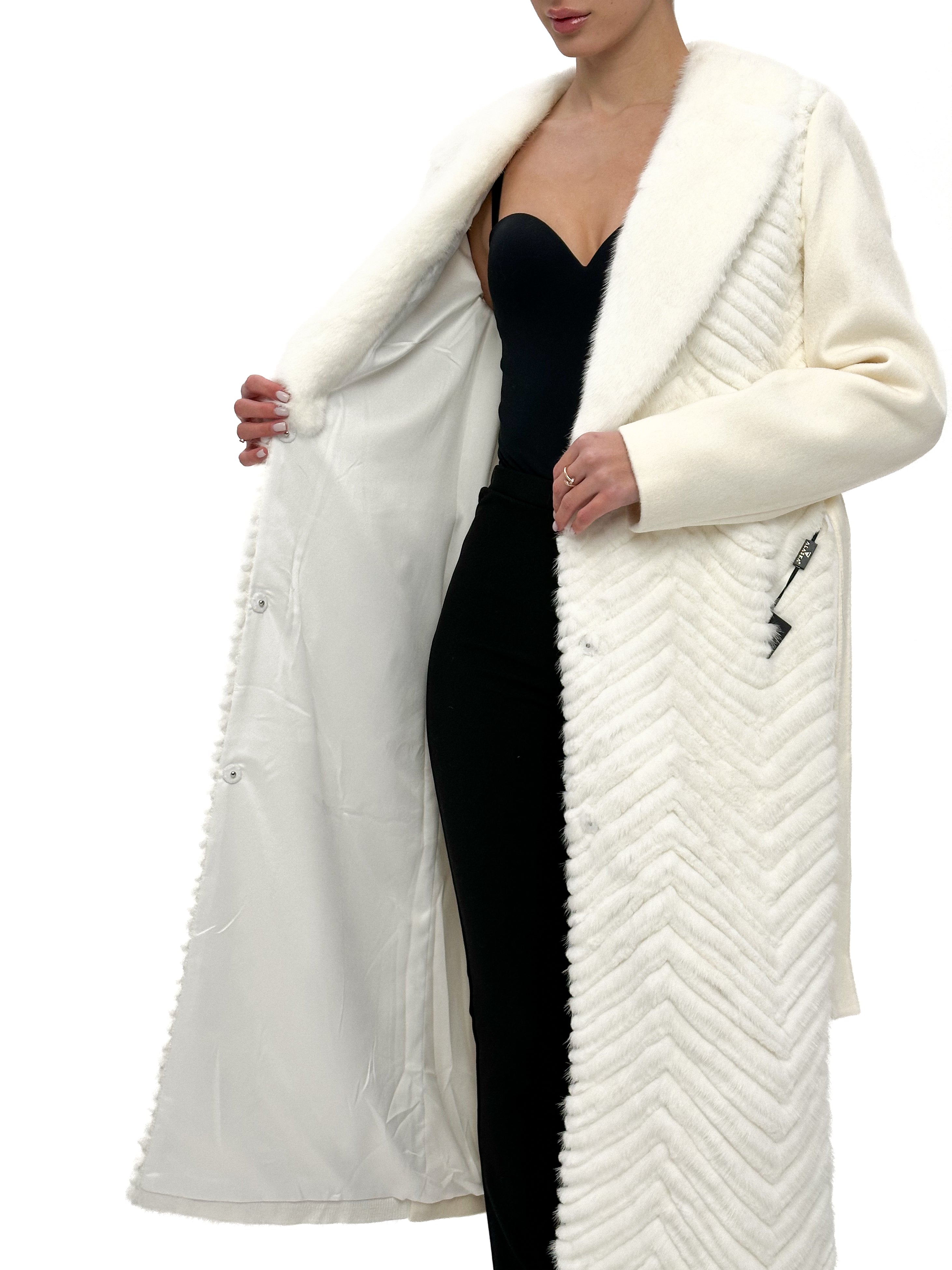 Genuine Mink Fur Rex Fur Trim Virgin Wool Coat in White - Energize Trek