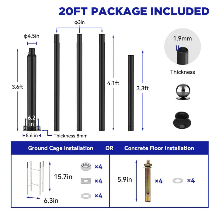 20Ft Commercial Grade Street/Parking/Flag Light Pole, Aluminum + Cage 1-Pack - Energize Trek