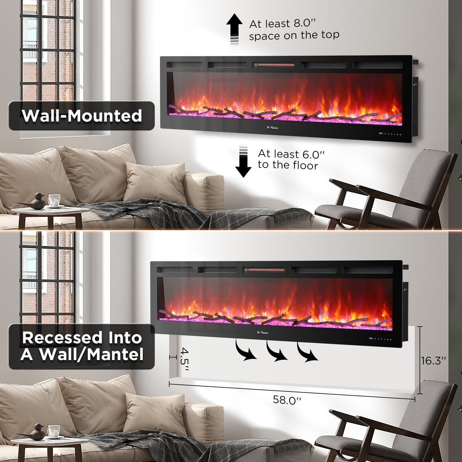 In Flames INF72W-3D WiFi Smart Wall Mounted Electric Fireplace - Tempered Glass - Energize Trek