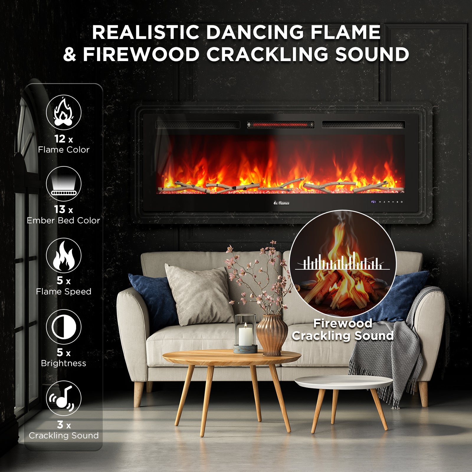 In Flames INF50W-3D WiFi Smart Wall Mounted Electric Fireplace - Tempered Glass - Energize Trek