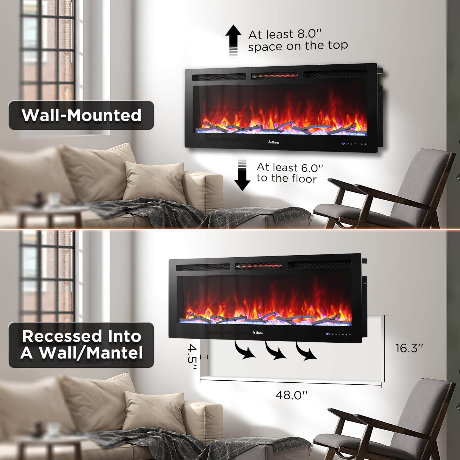 In Flames INF50W-3D WiFi Smart Wall Mounted Electric Fireplace - Tempered Glass - Energize Trek