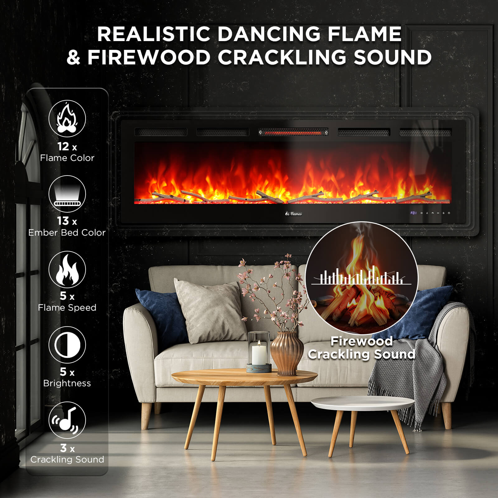 In Flames INF60W-3D WiFi Smart Wall Mounted Electric Fireplace - Tempered Glass - Energize Trek