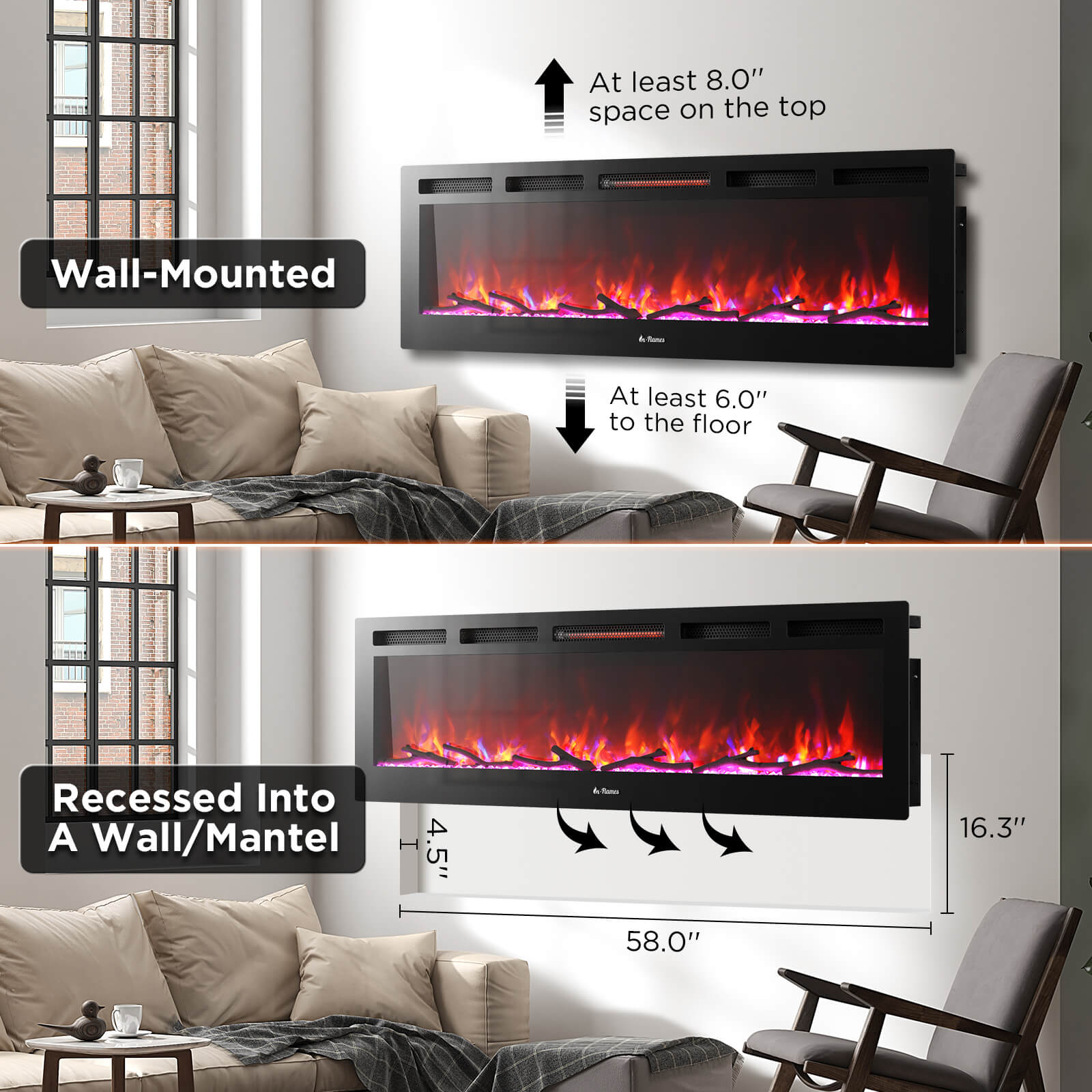 In Flames INF60W-3D WiFi Smart Wall Mounted Electric Fireplace - Tempered Glass - Energize Trek