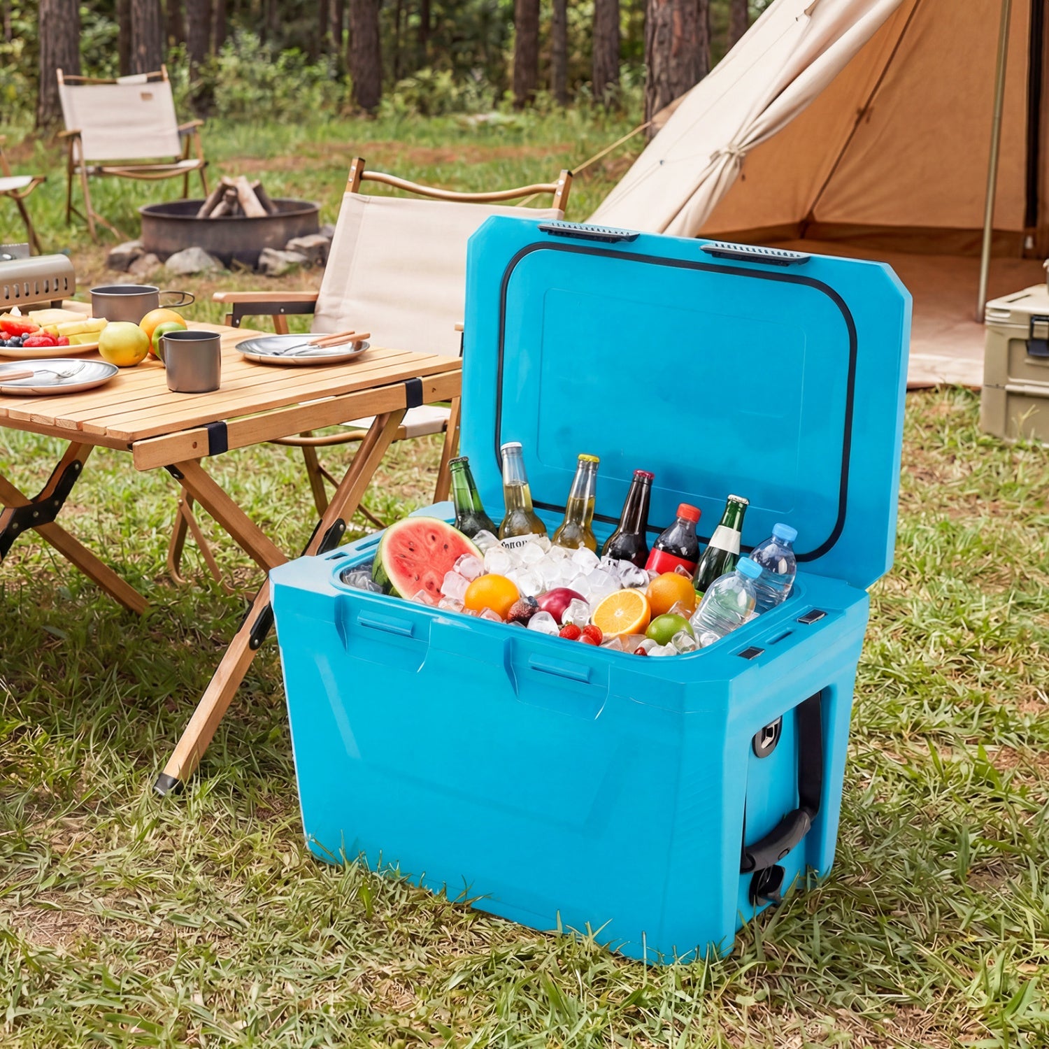 Insulated Portable Cooler Hard Shell Ice Chest with 2 Cup Holders Bottle Opener and Drain Plug - Energize Trek