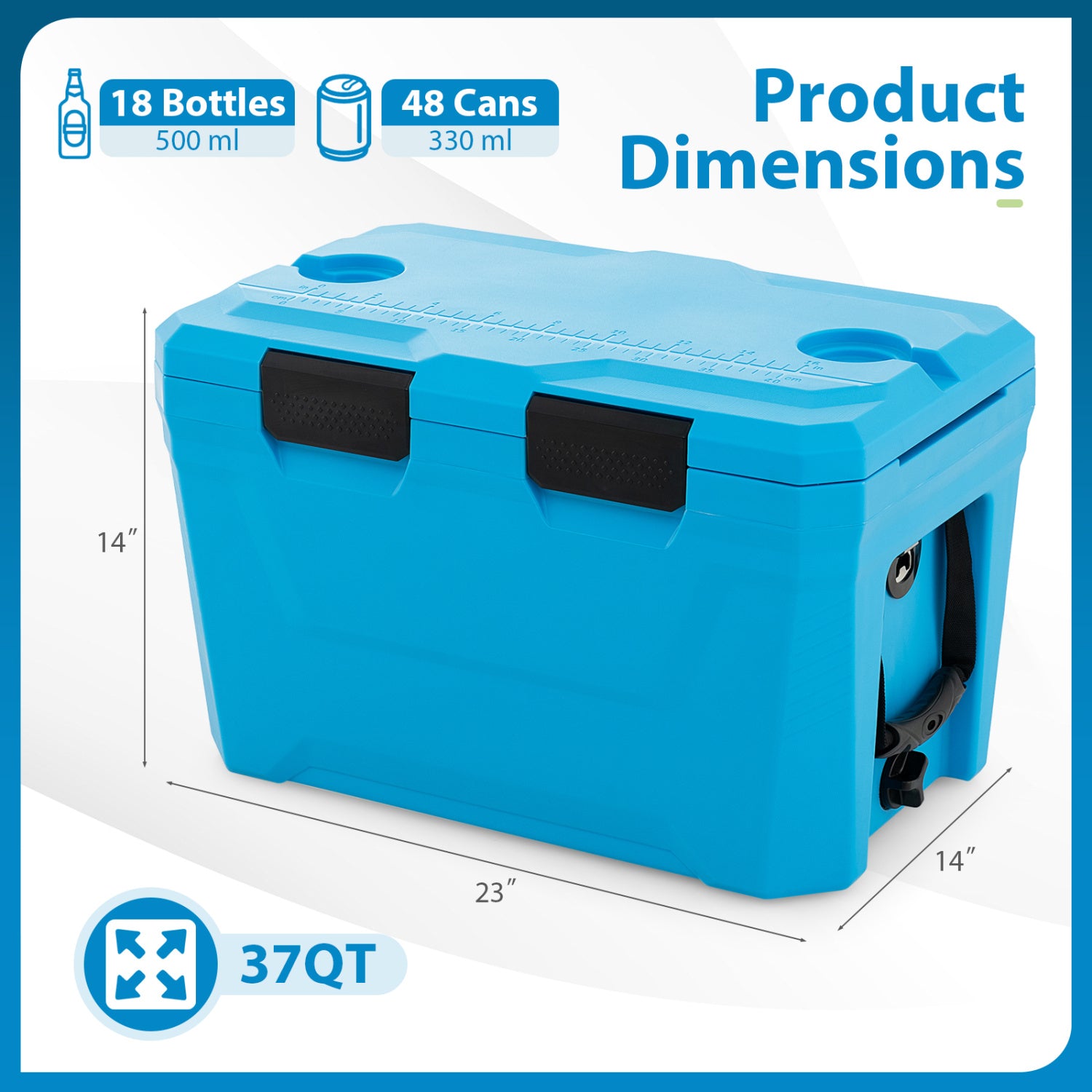 Insulated Portable Cooler Hard Shell Ice Chest with 2 Cup Holders Bottle Opener and Drain Plug - Energize Trek