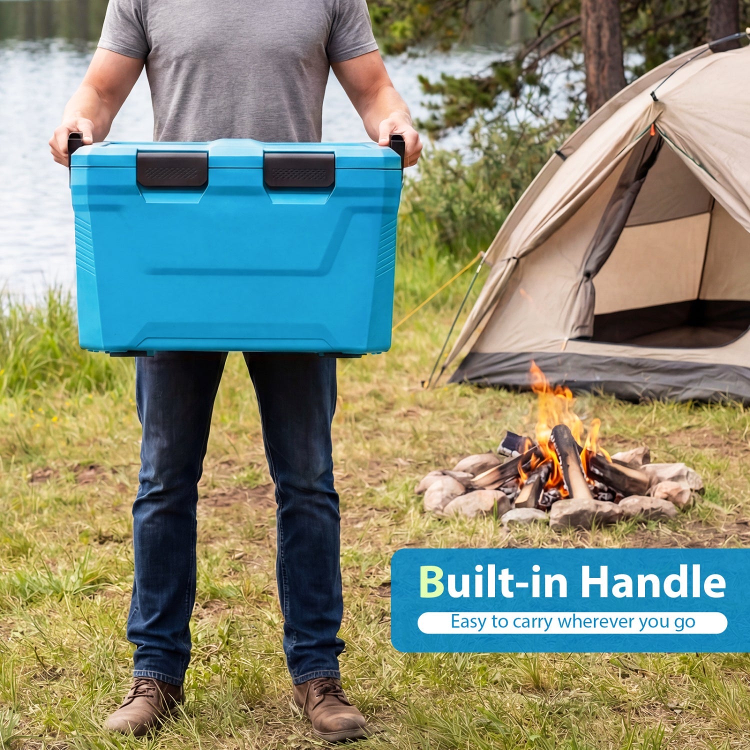 Insulated Portable Cooler Hard Shell Ice Chest with 2 Cup Holders Bottle Opener and Drain Plug - Energize Trek