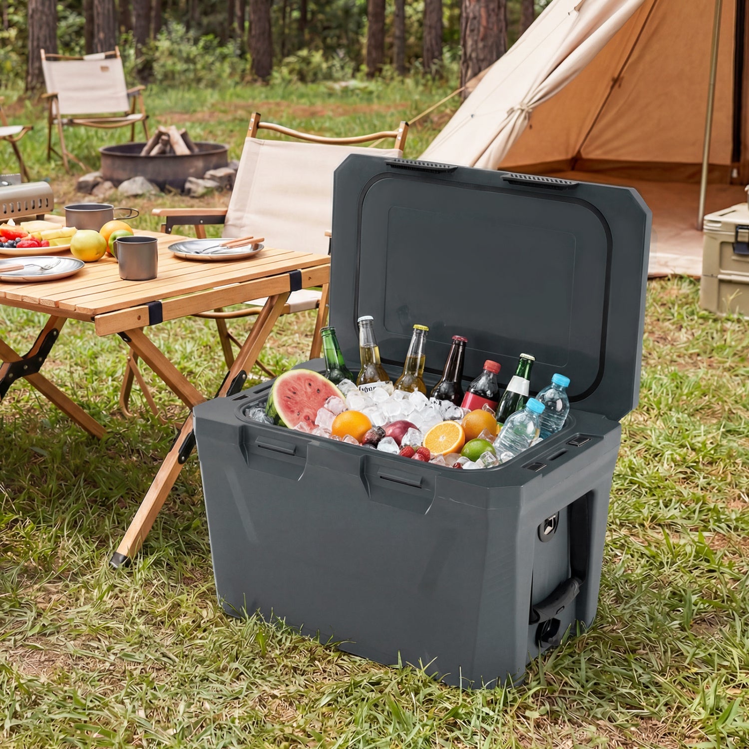 Insulated Portable Cooler Hard Shell Ice Chest with 2 Cup Holders Bottle Opener and Drain Plug - Energize Trek
