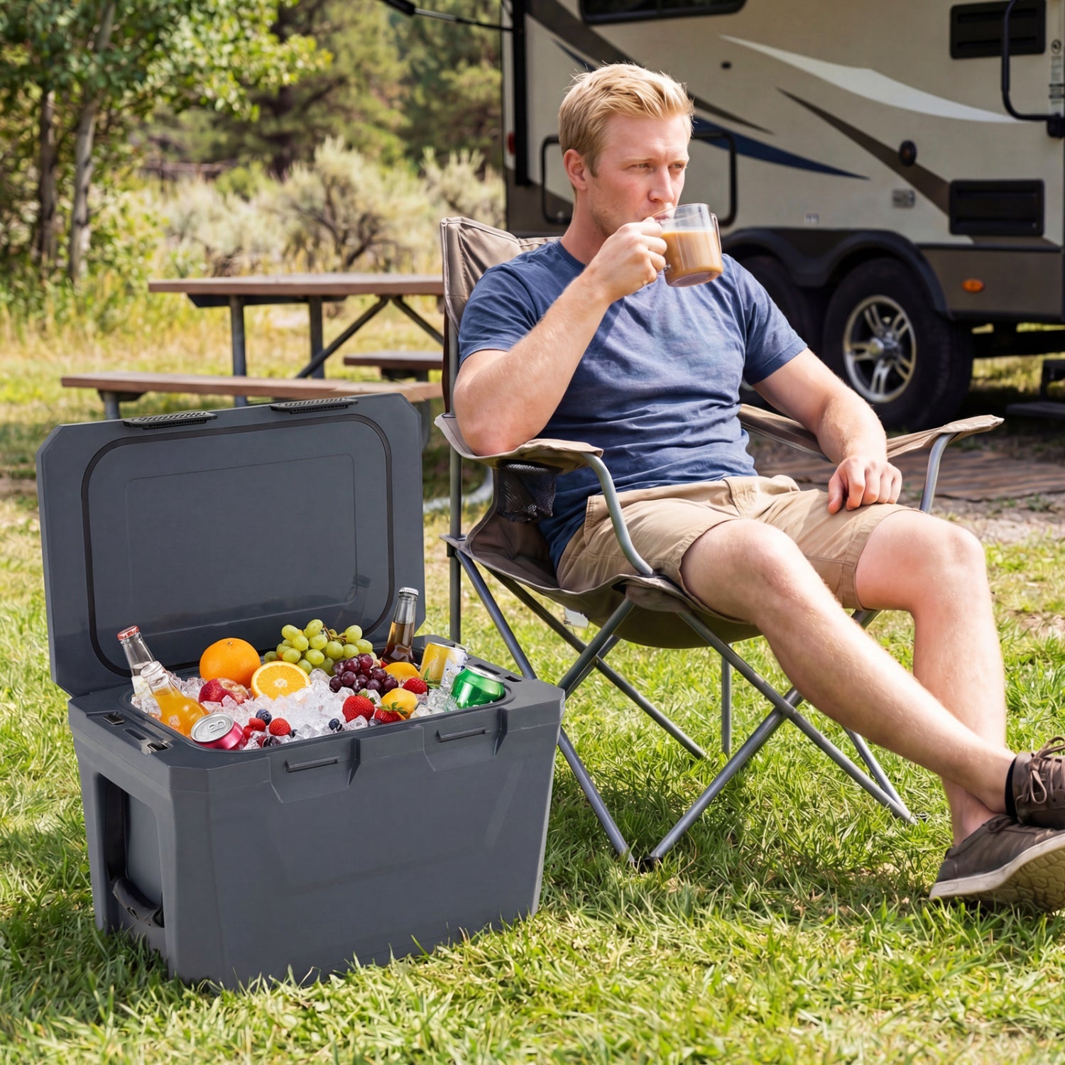 Insulated Portable Cooler Hard Shell Ice Chest with 2 Cup Holders Bottle Opener and Drain Plug - Energize Trek