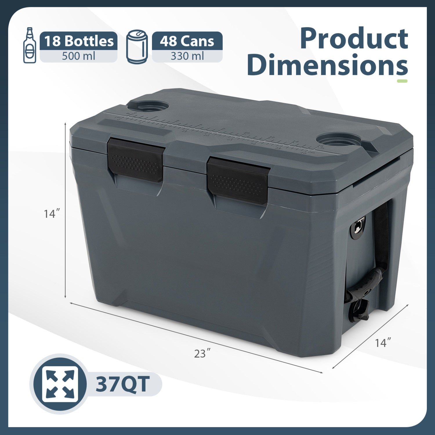 Insulated Portable Cooler Hard Shell Ice Chest with 2 Cup Holders Bottle Opener and Drain Plug - Energize Trek