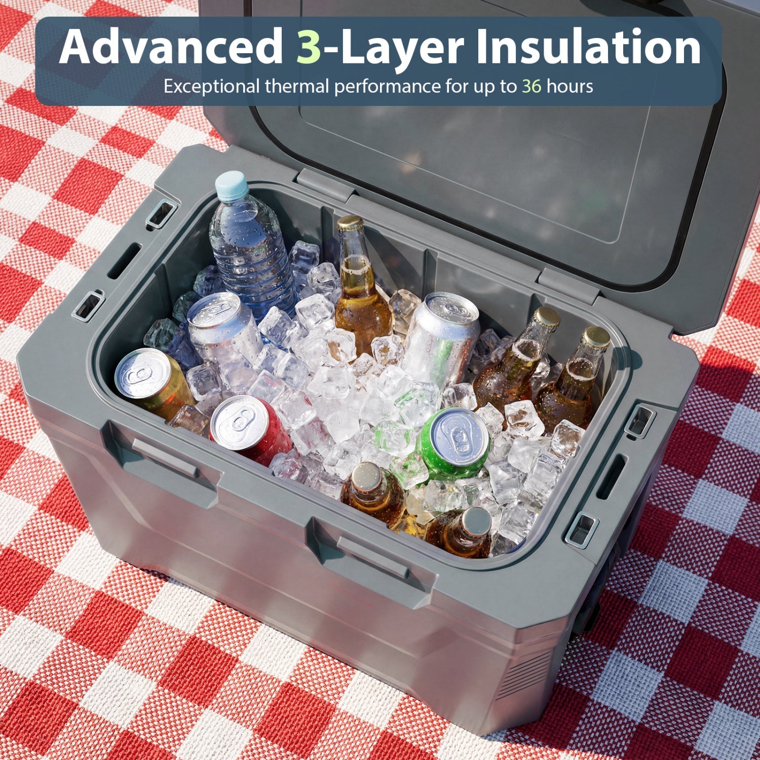 Insulated Portable Cooler Hard Shell Ice Chest with 2 Cup Holders Bottle Opener and Drain Plug - Energize Trek