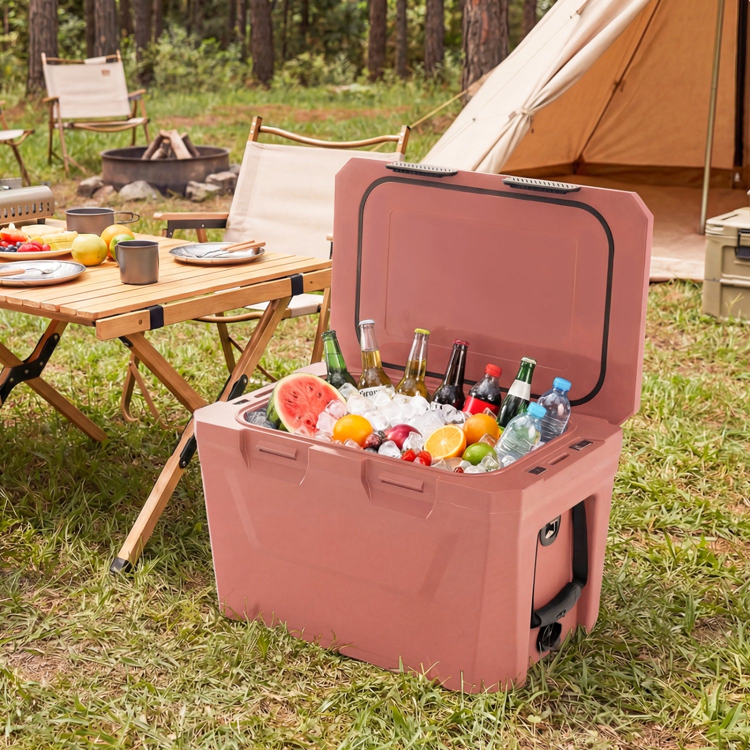 Insulated Portable Cooler Hard Shell Ice Chest with 2 Cup Holders Bottle Opener and Drain Plug - Energize Trek