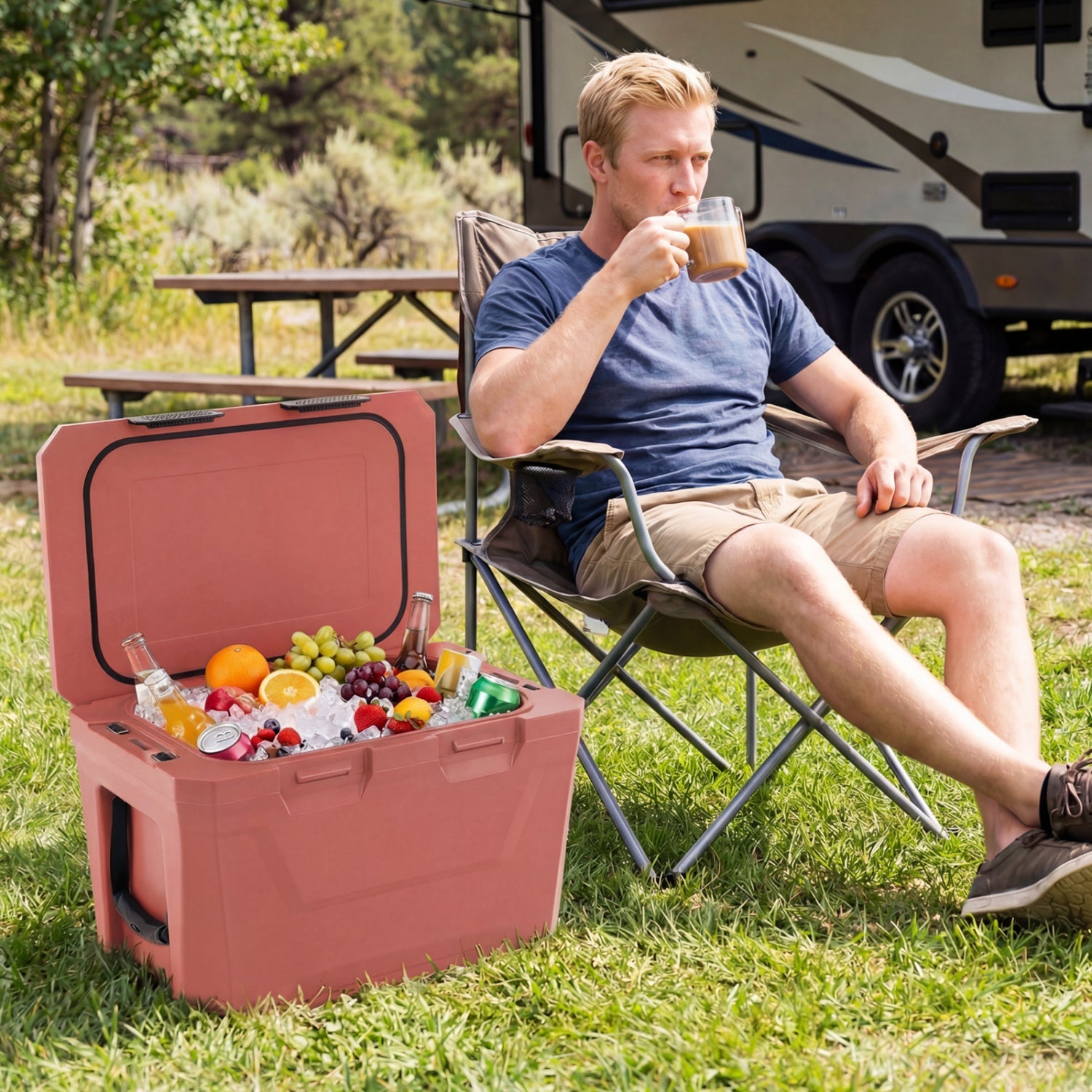 Insulated Portable Cooler Hard Shell Ice Chest with 2 Cup Holders Bottle Opener and Drain Plug - Energize Trek