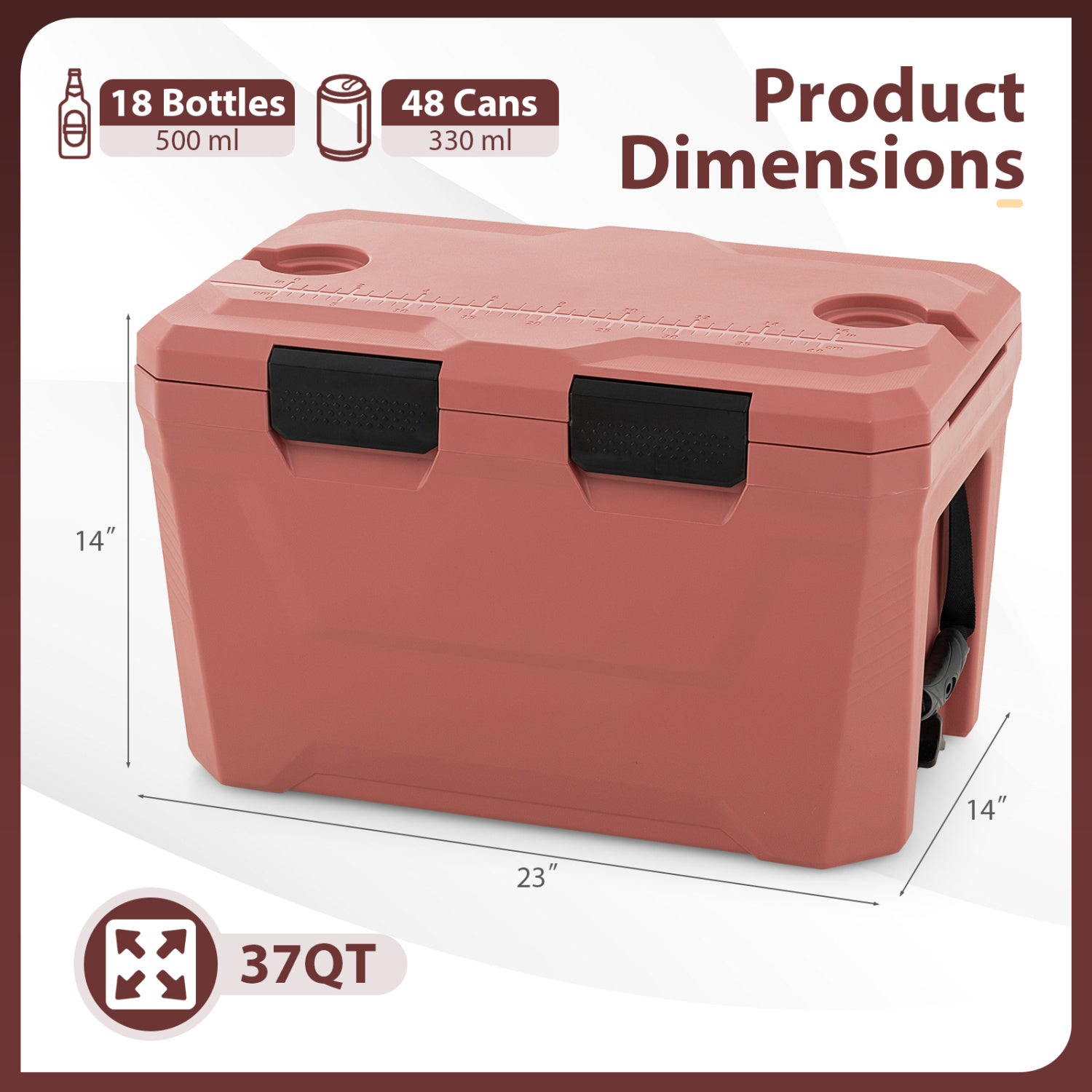 Insulated Portable Cooler Hard Shell Ice Chest with 2 Cup Holders Bottle Opener and Drain Plug - Energize Trek