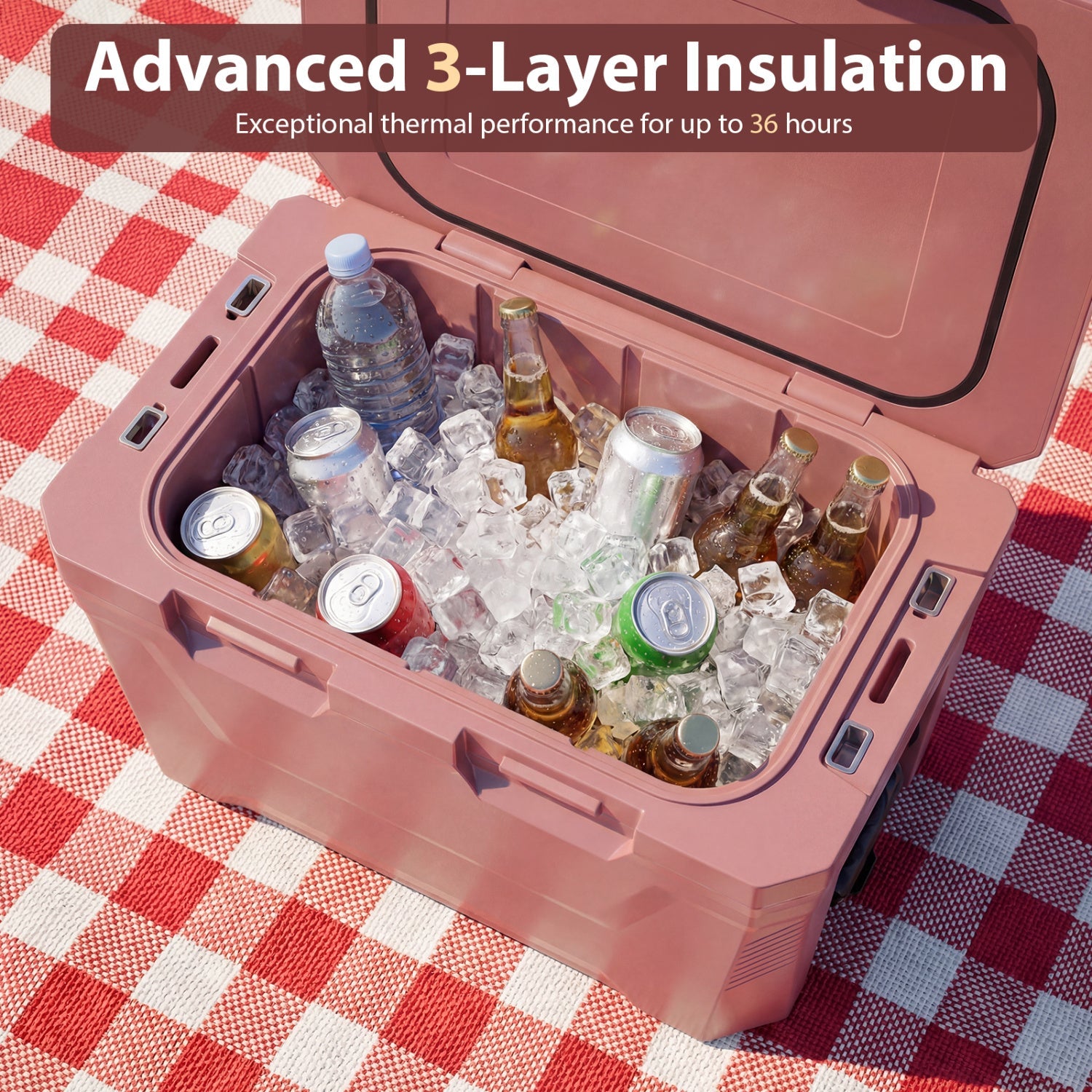 Insulated Portable Cooler Hard Shell Ice Chest with 2 Cup Holders Bottle Opener and Drain Plug - Energize Trek