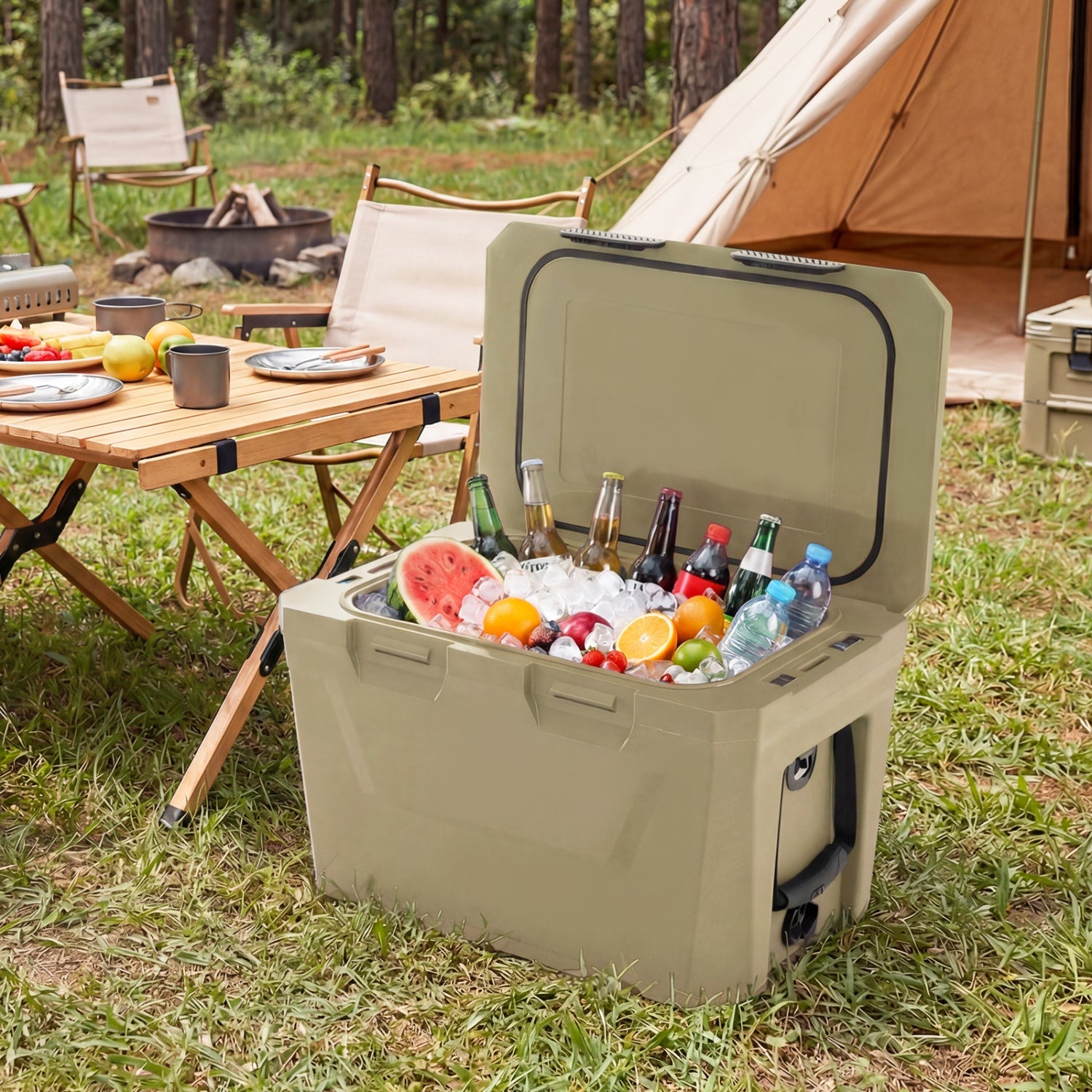 Insulated Portable Cooler Hard Shell Ice Chest with 2 Cup Holders Bottle Opener and Drain Plug - Energize Trek