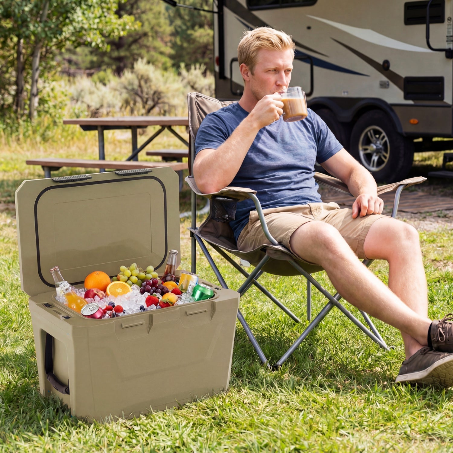 Insulated Portable Cooler Hard Shell Ice Chest with 2 Cup Holders Bottle Opener and Drain Plug - Energize Trek