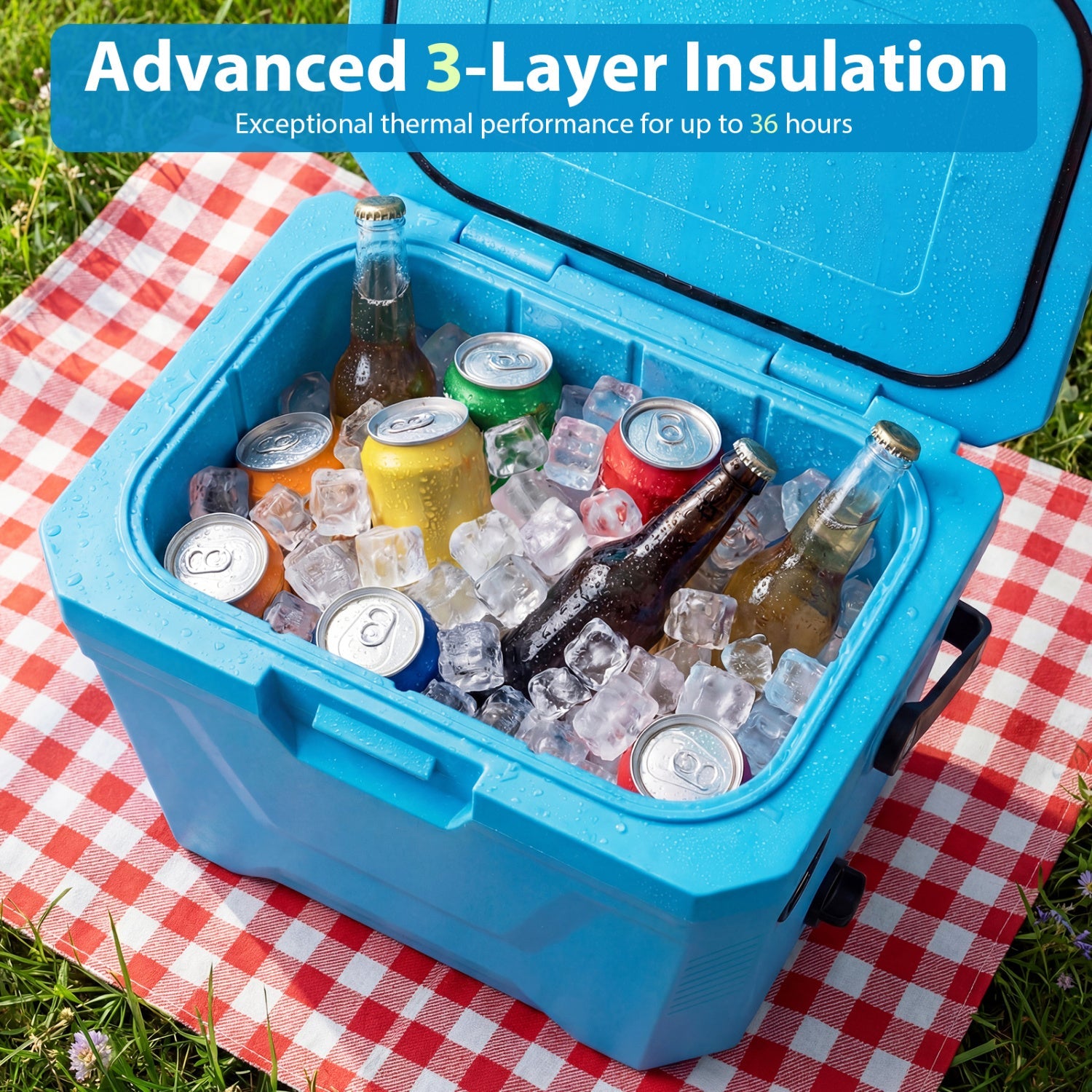 Insulated Portable Cooler Hard Shell Ice Chest with 2 Cup Holders - Energize Trek