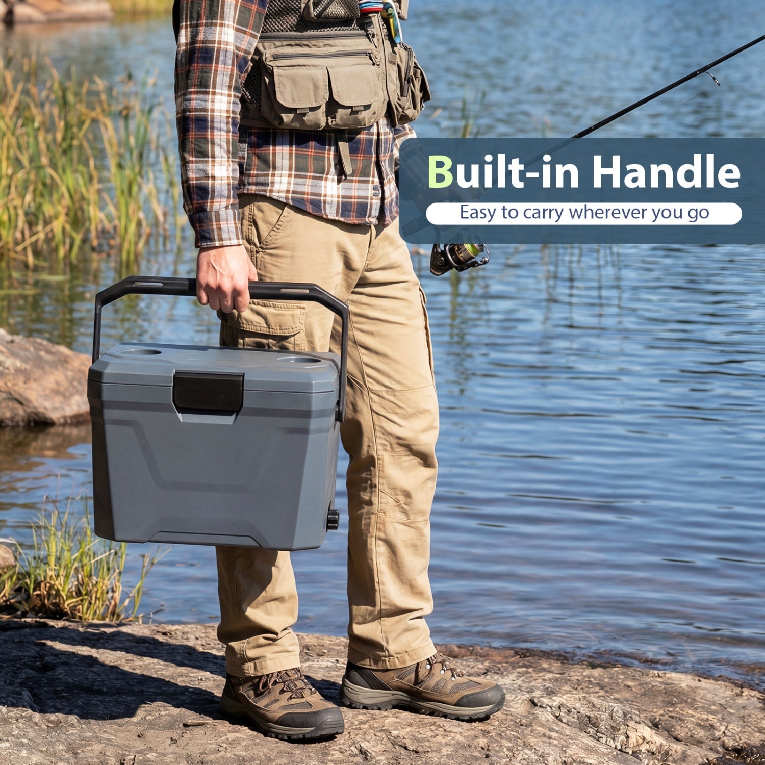 Insulated Portable Cooler Hard Shell Ice Chest with 2 Cup Holders - Energize Trek