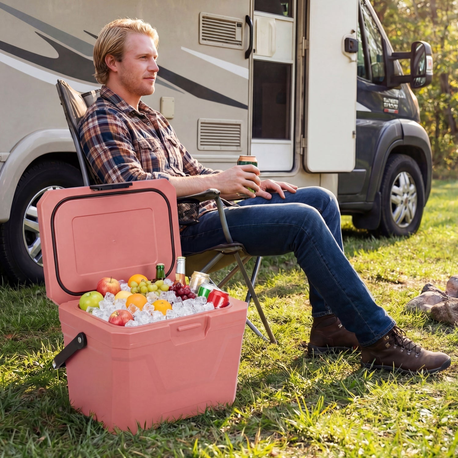 Insulated Portable Cooler Hard Shell Ice Chest with 2 Cup Holders - Energize Trek