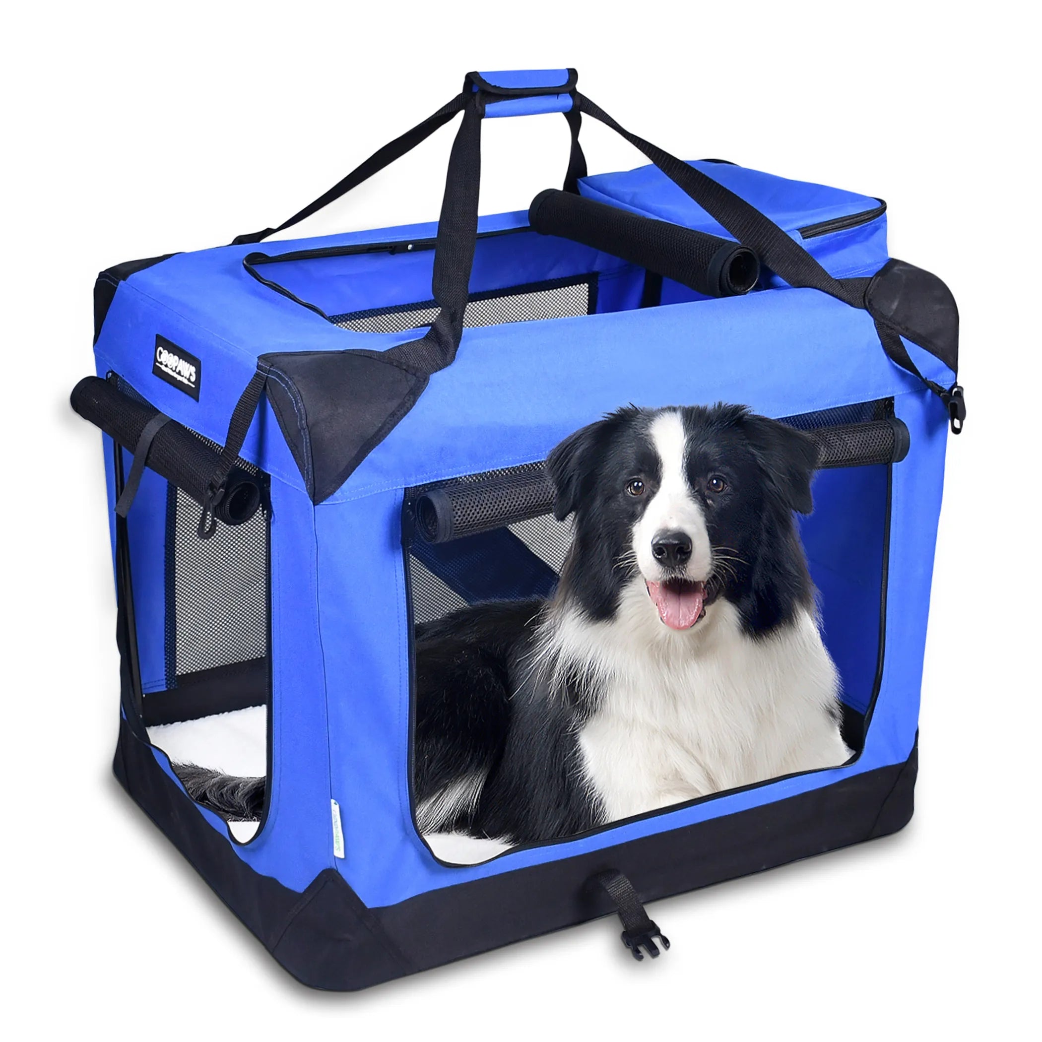 JESPET Soft Pet Crates Kennel, 3 Door Soft Sided Folding Travel Pet Carrier with Straps and Fleece Mat for Dogs, Cats, Rabbits, Indoor/Outdoor Use with Grey, Blue & Beige, Black - Energize Trek