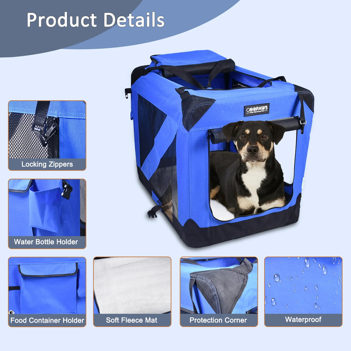 JESPET Soft Pet Crates Kennel, 3 Door Soft Sided Folding Travel Pet Carrier with Straps and Fleece Mat for Dogs, Cats, Rabbits, Indoor/Outdoor Use with Grey, Blue & Beige, Black - Energize Trek