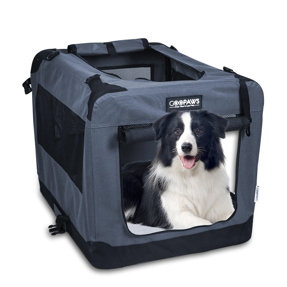 JESPET Soft Pet Crates Kennel, 3 Door Soft Sided Folding Travel Pet Carrier with Straps and Fleece Mat for Dogs, Cats, Rabbits, Indoor/Outdoor Use with Grey, Blue & Beige, Black - Energize Trek