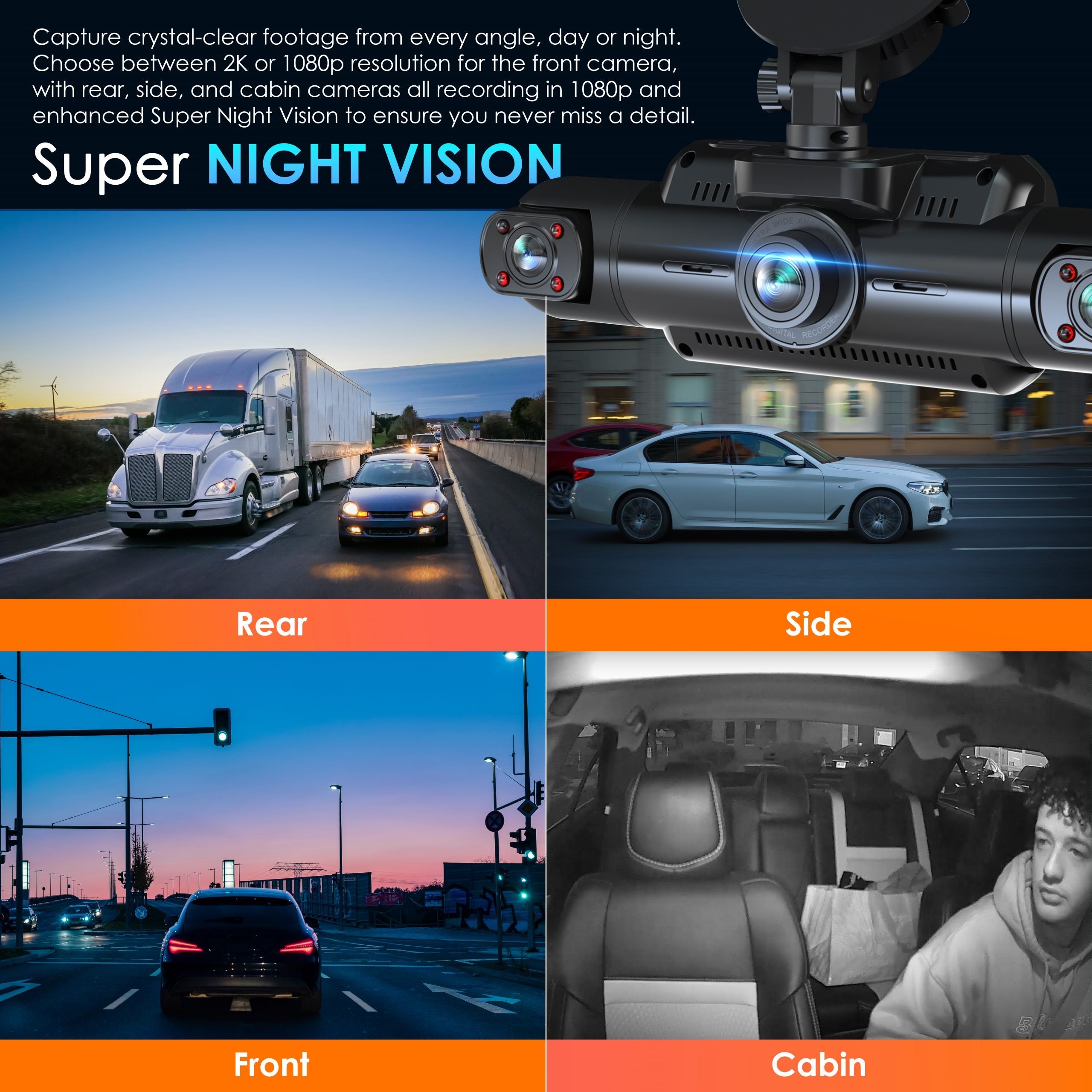 Rexing L4 Series 4-Channel Dash Cams with Ultra-Wide Angle, Wi-Fi, Night Vision, and GPS, App Control, Loop Recording, Collision Sensor - Energize Trek