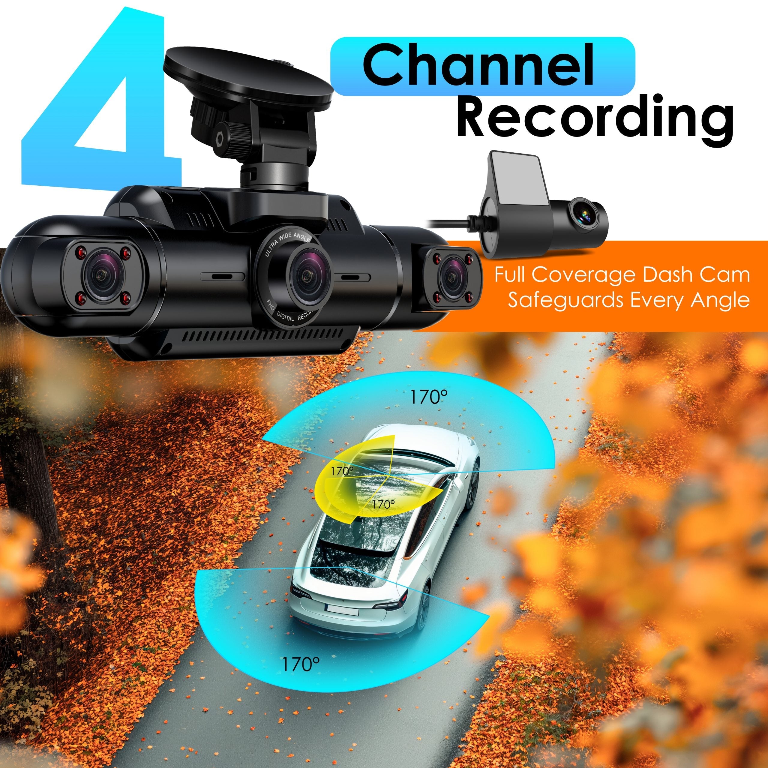 Rexing L4 Series 4-Channel Dash Cams with Ultra-Wide Angle, Wi-Fi, Night Vision, and GPS, App Control, Loop Recording, Collision Sensor - Energize Trek
