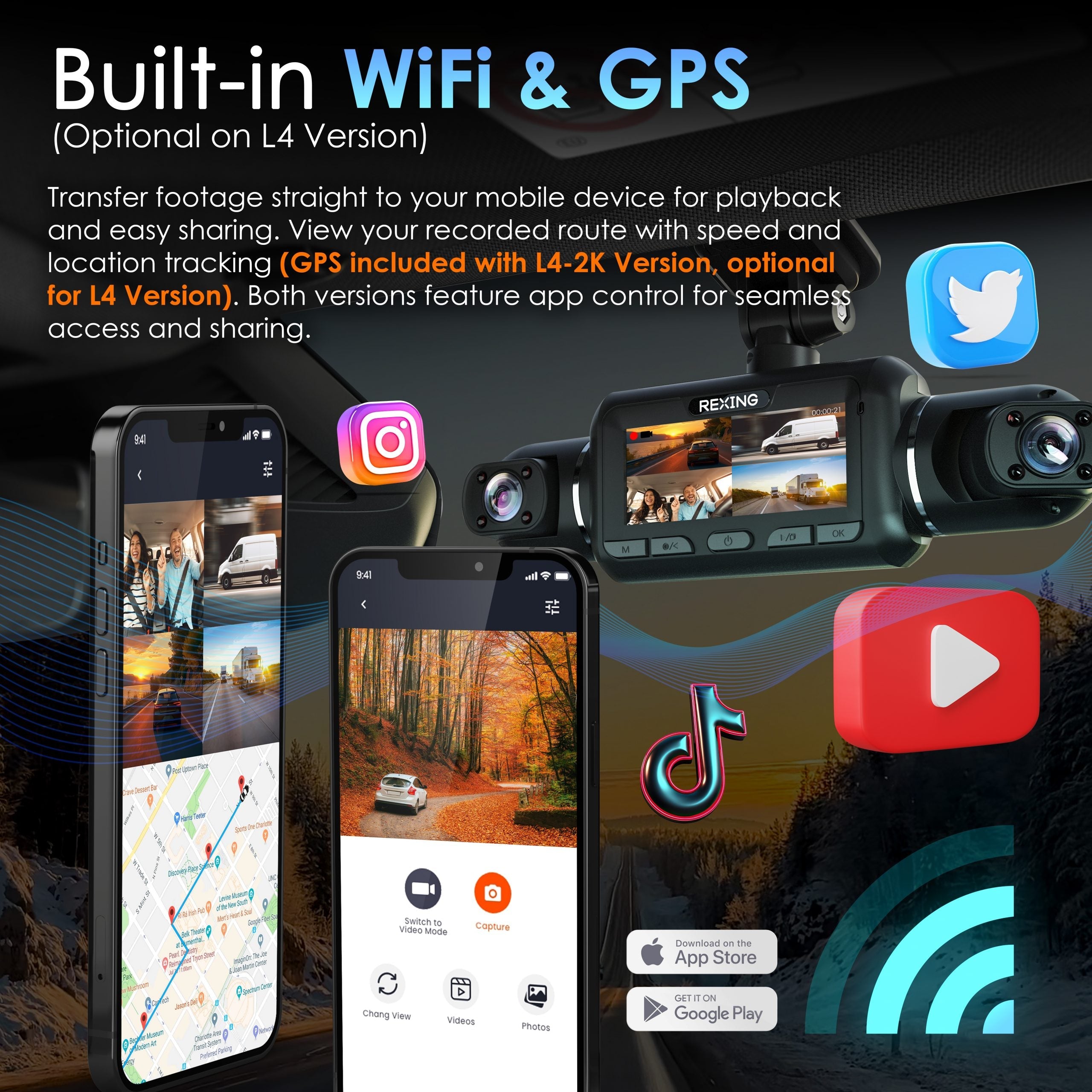Rexing L4 Series 4-Channel Dash Cams with Ultra-Wide Angle, Wi-Fi, Night Vision, and GPS, App Control, Loop Recording, Collision Sensor - Energize Trek