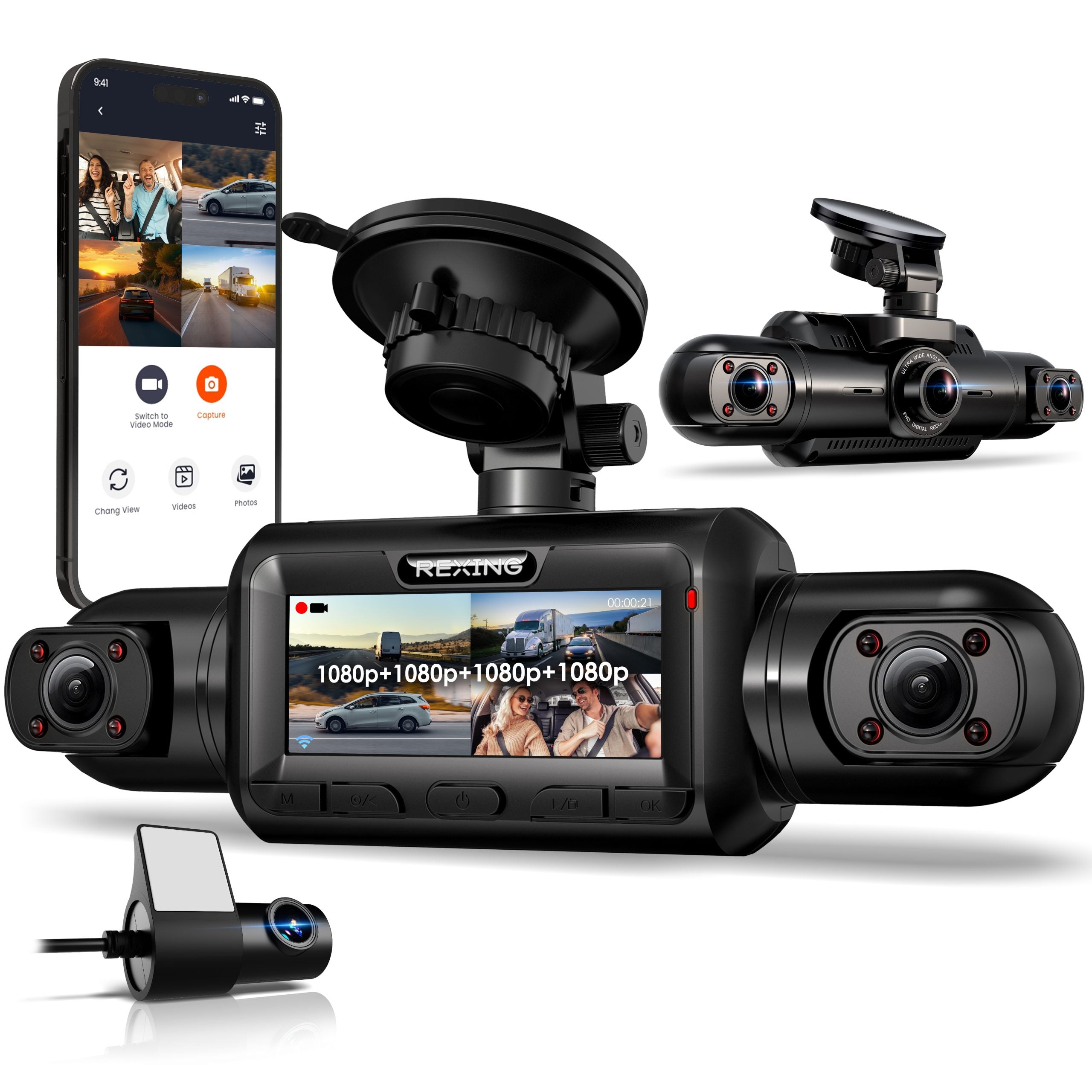 Rexing L4 Series 4-Channel Dash Cams with Ultra-Wide Angle, Wi-Fi, Night Vision, and GPS, App Control, Loop Recording, Collision Sensor - Energize Trek
