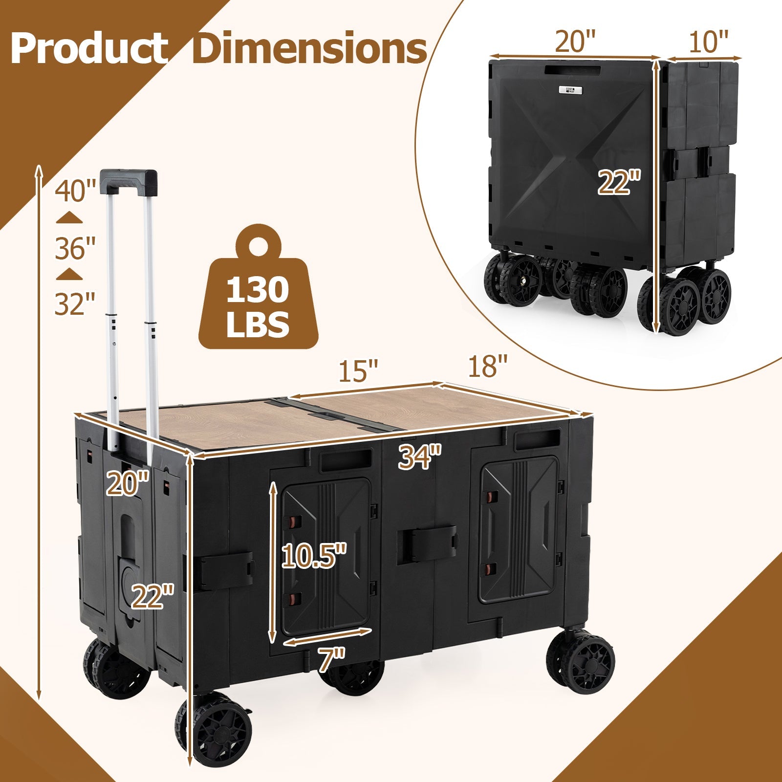 Large Foldable Utility Cart with 2-Tier Storage Crates and Telescoping Handle - Energize Trek