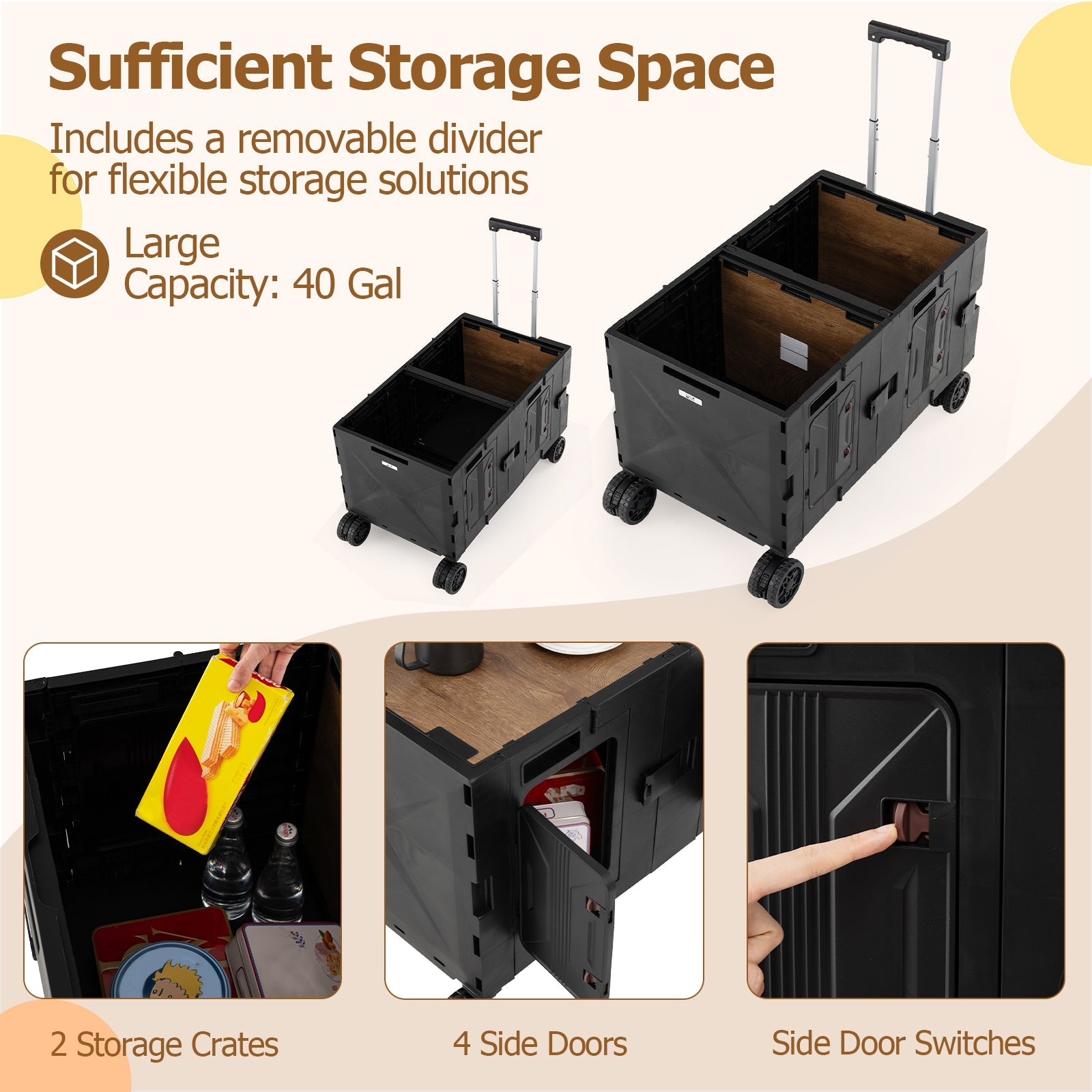 Large Foldable Utility Cart with 2-Tier Storage Crates and Telescoping Handle - Energize Trek