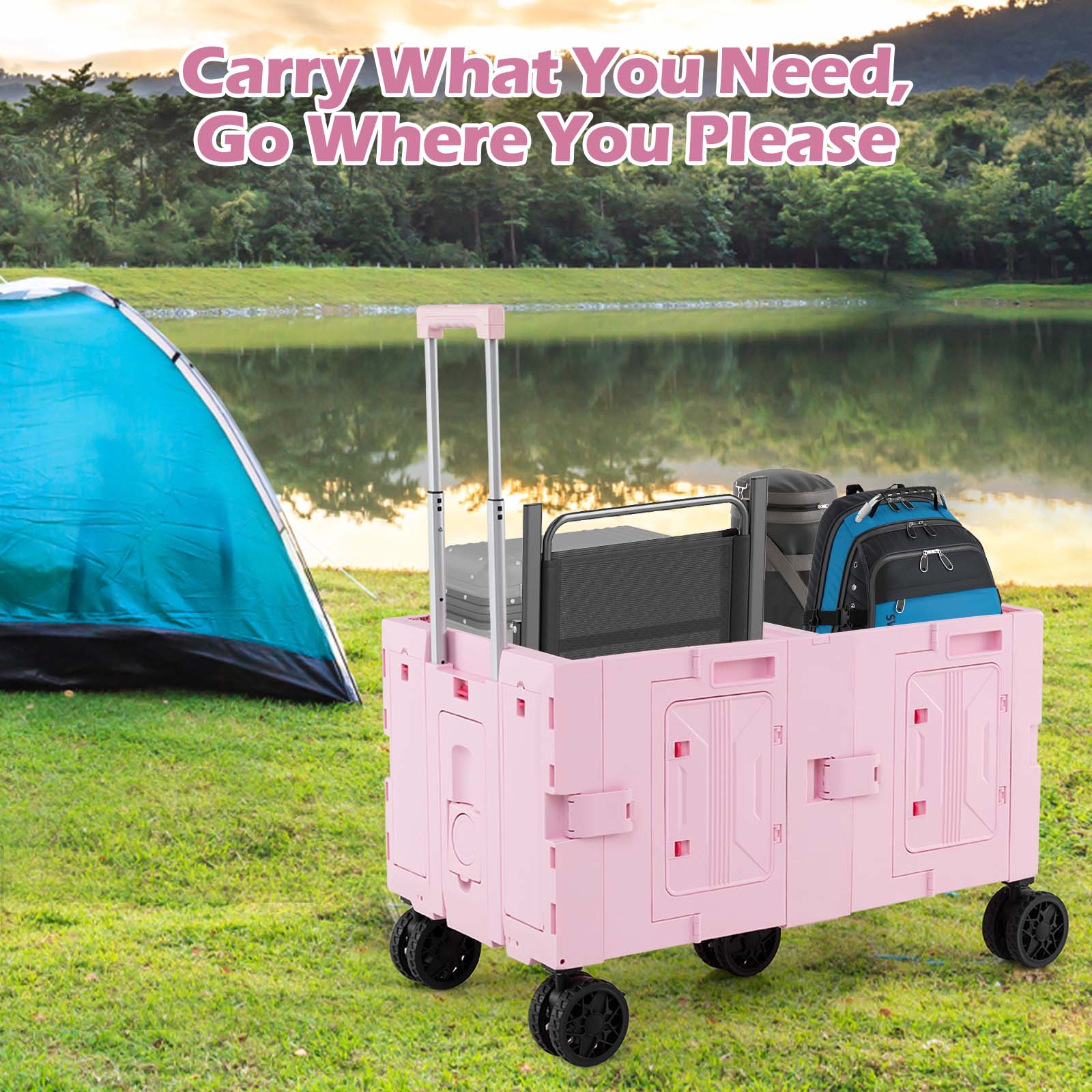 Large Foldable Utility Cart with 2-Tier Storage Crates and Telescoping Handle - Energize Trek
