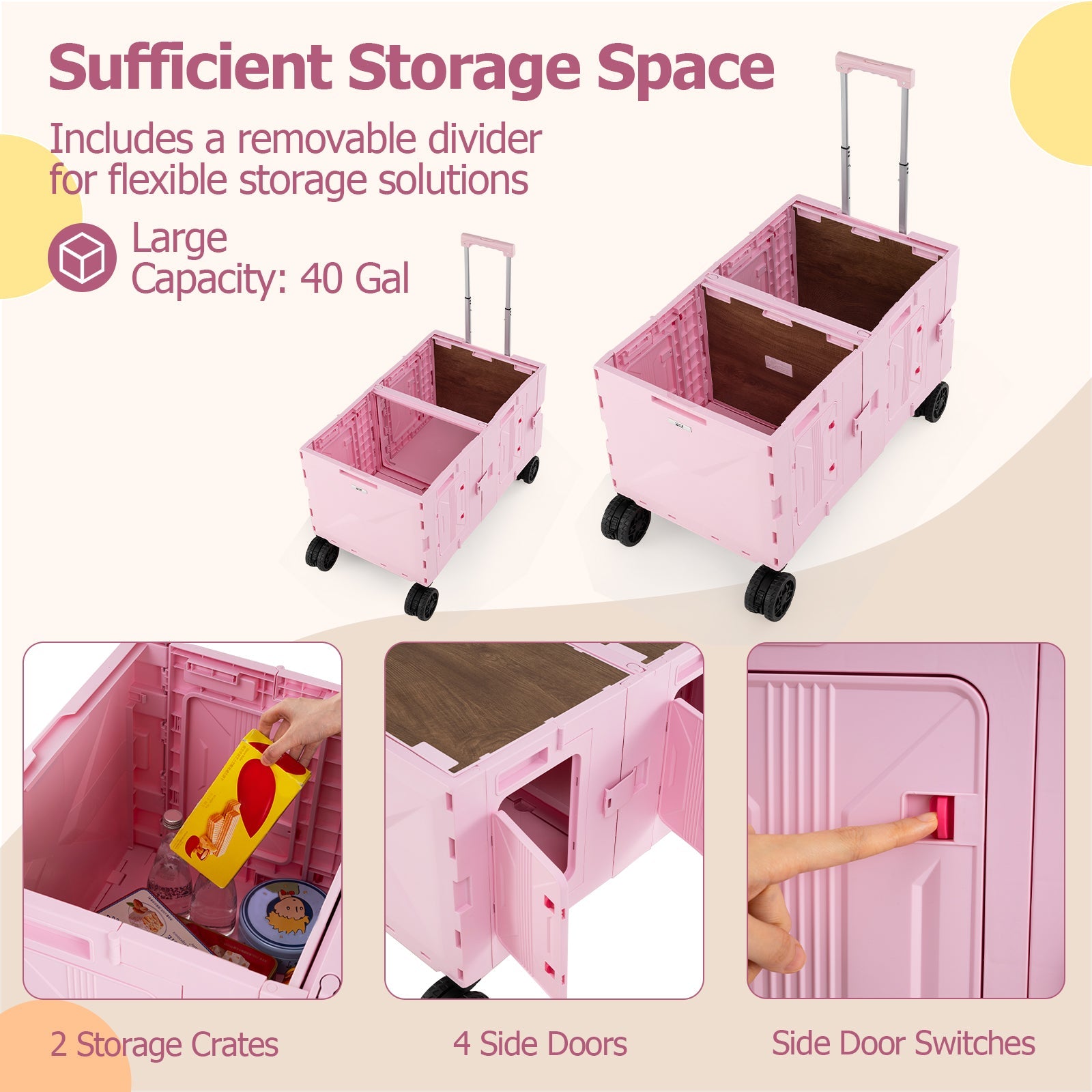 Large Foldable Utility Cart with 2-Tier Storage Crates and Telescoping Handle - Energize Trek