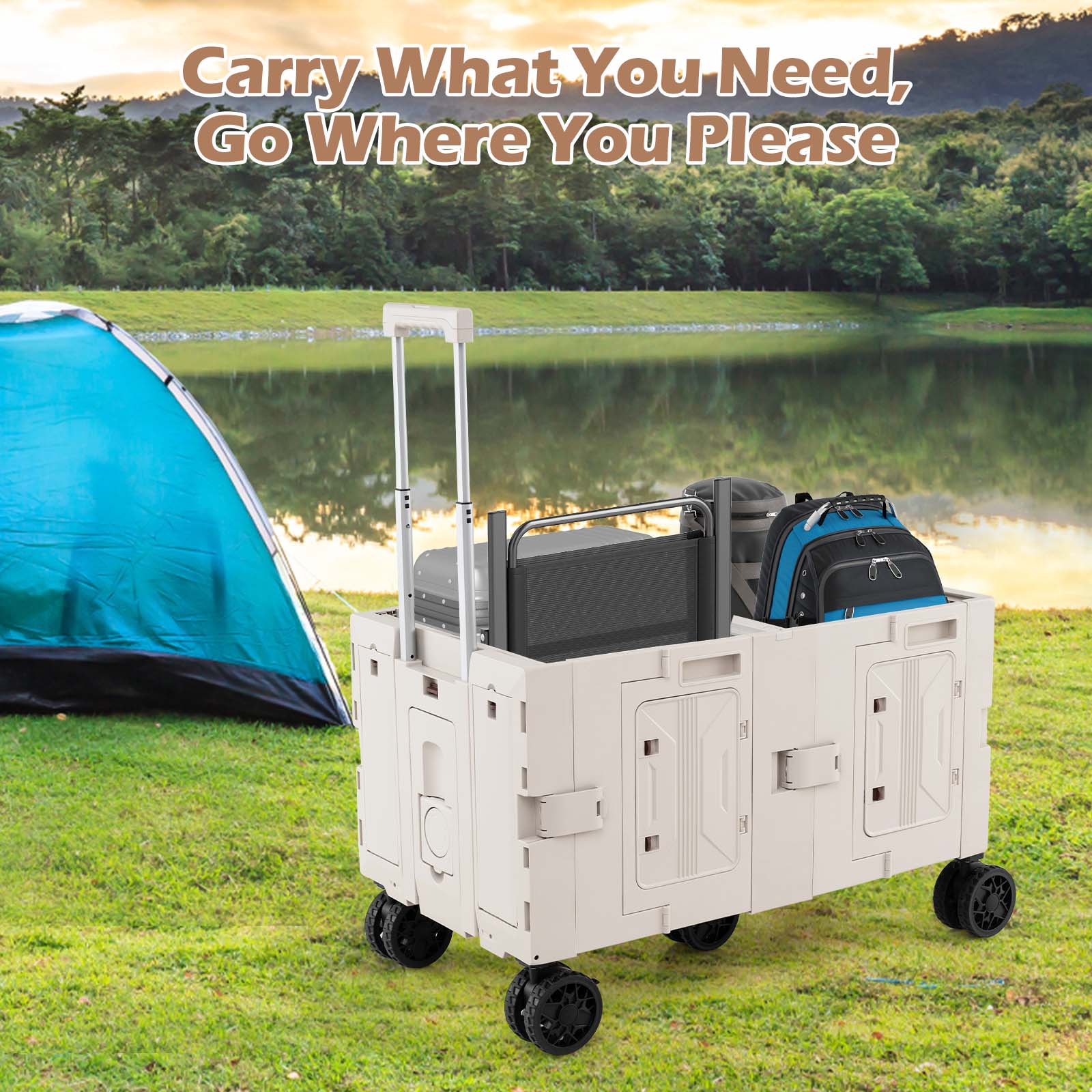 Large Foldable Utility Cart with 2-Tier Storage Crates and Telescoping Handle - Energize Trek