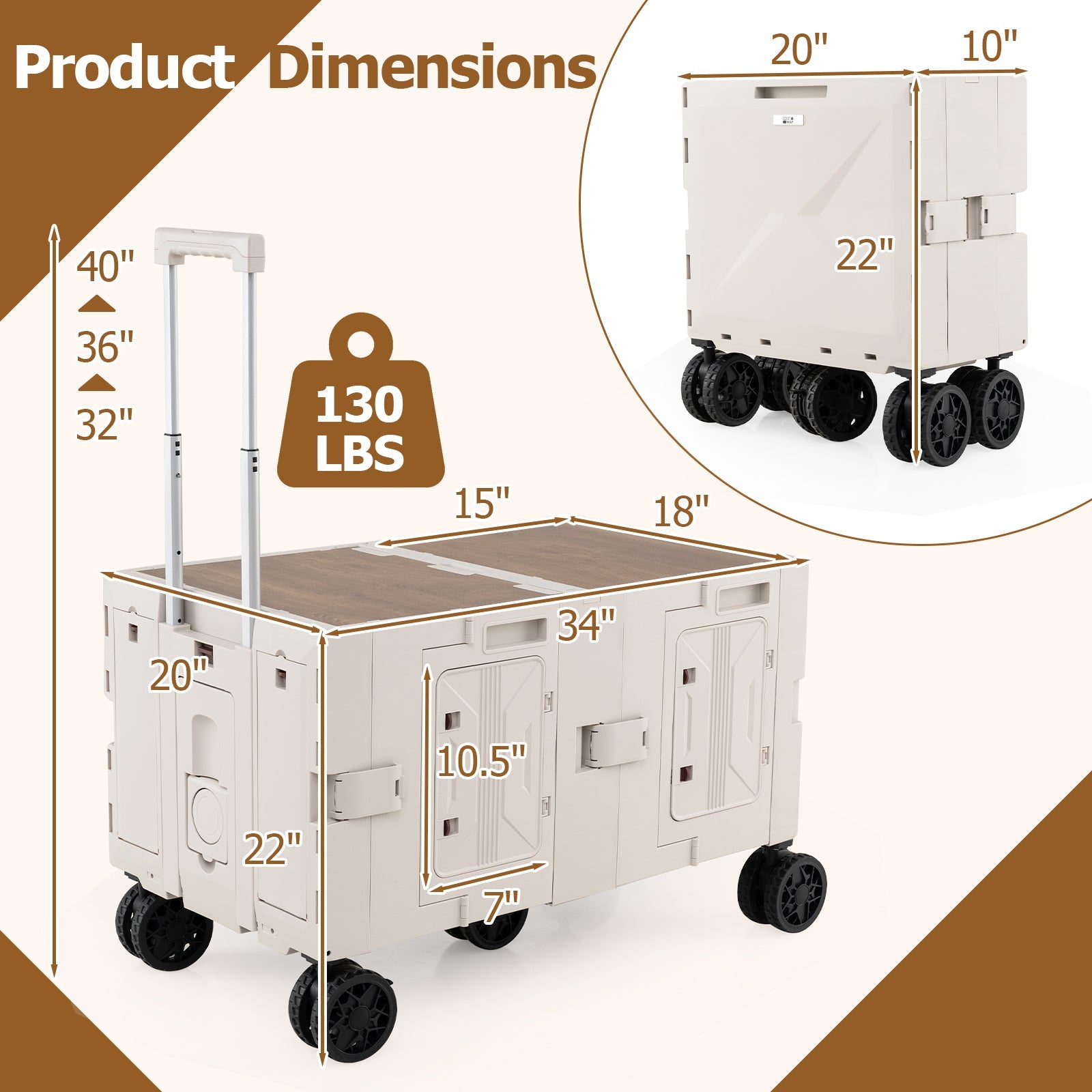 Large Foldable Utility Cart with 2-Tier Storage Crates and Telescoping Handle - Energize Trek