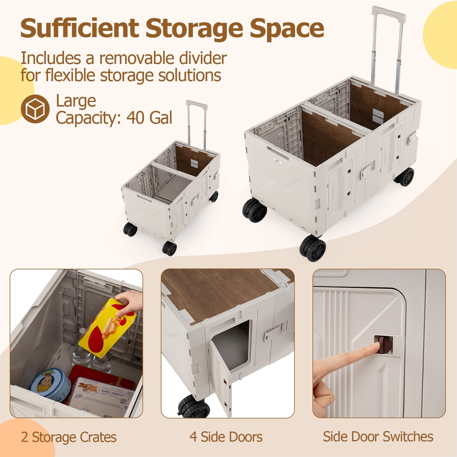 Large Foldable Utility Cart with 2-Tier Storage Crates and Telescoping Handle - Energize Trek