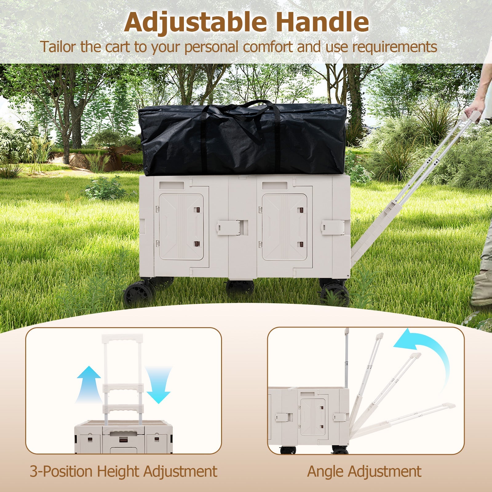 Large Foldable Utility Cart with 2-Tier Storage Crates and Telescoping Handle - Energize Trek