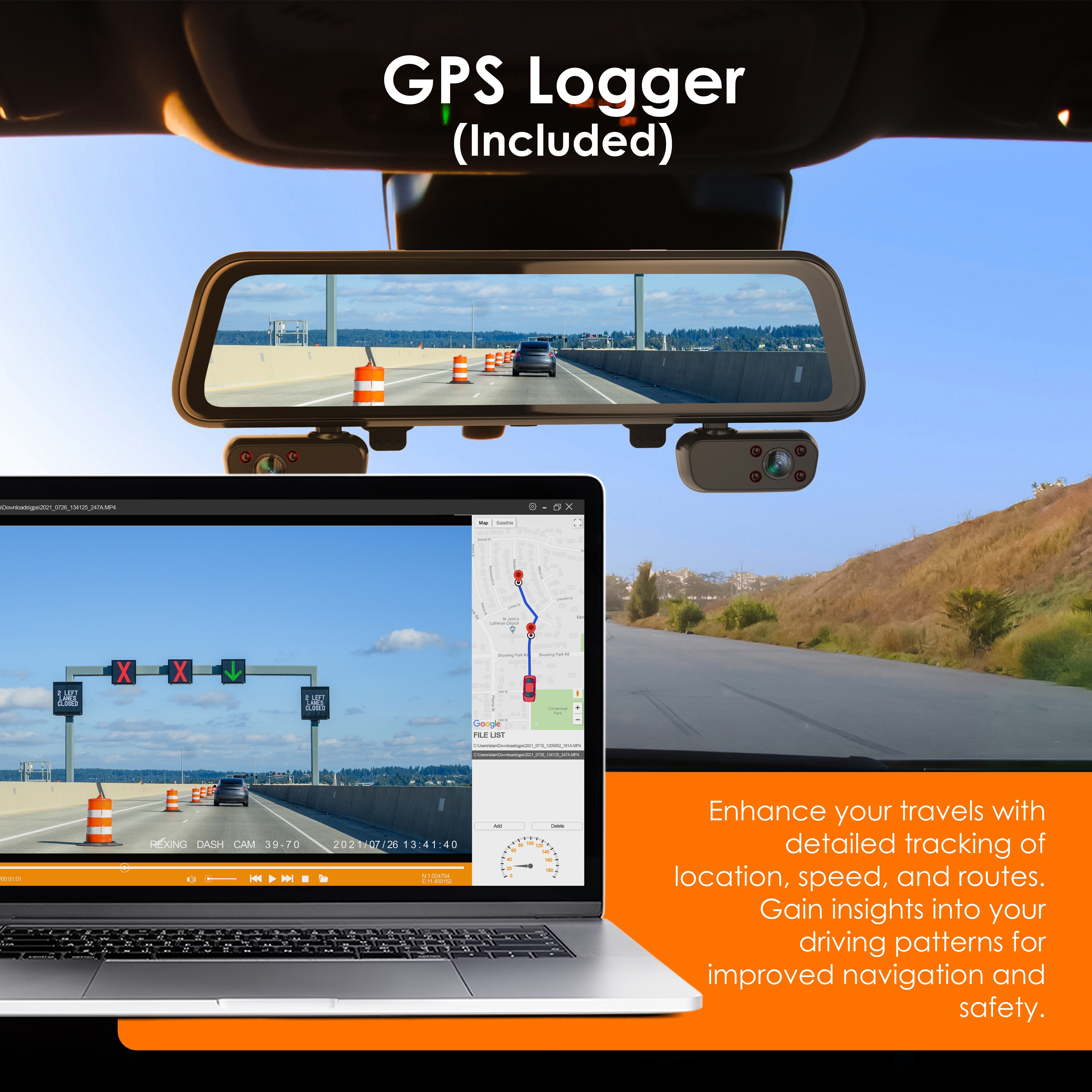 Rexing M4 4-CHANNEL MIRROR DASH CAM 12” Touch Screen Mirror Dash Cam, 1080p with GPS - Energize Trek