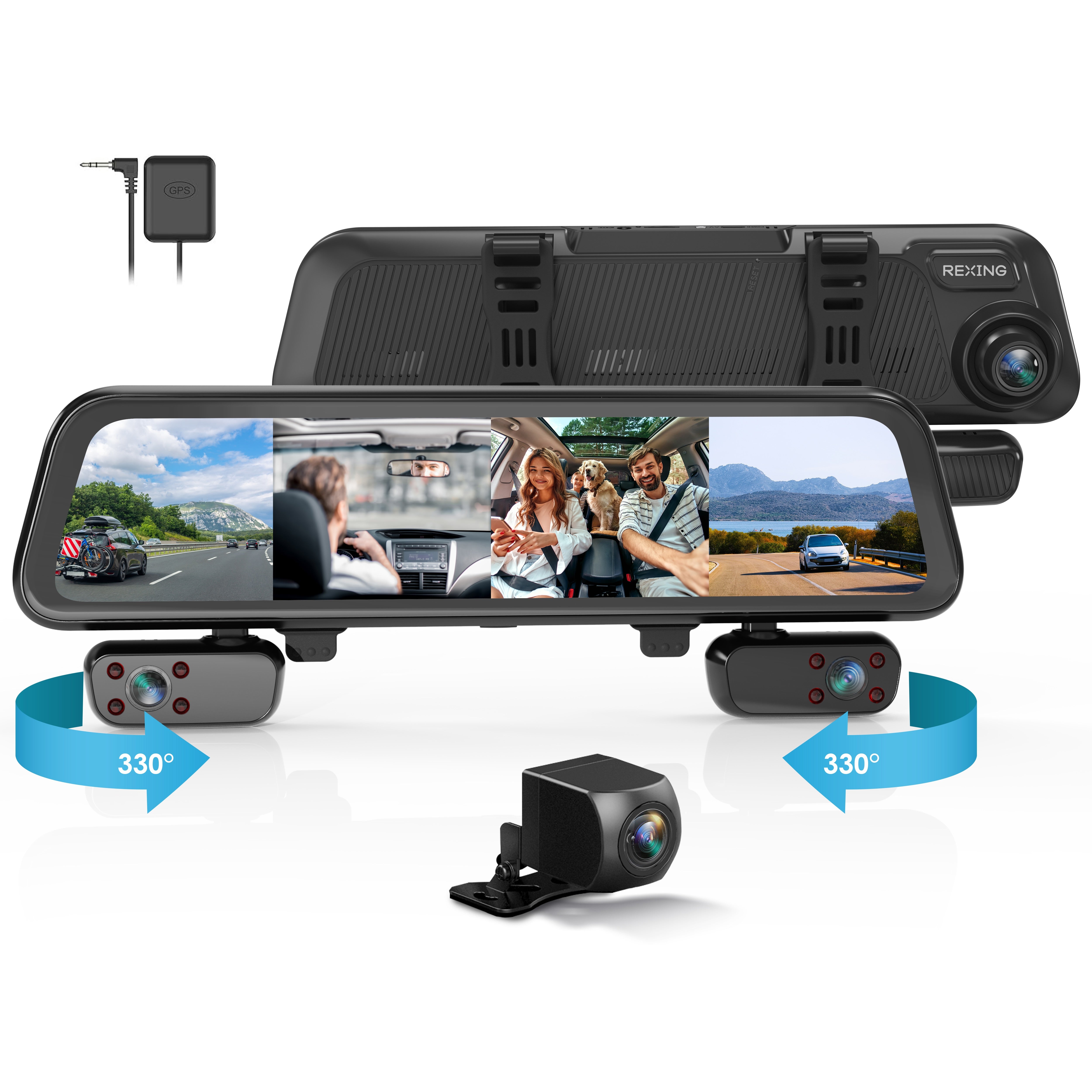 Rexing M4 4-CHANNEL MIRROR DASH CAM 12” Touch Screen Mirror Dash Cam, 1080p with GPS - Energize Trek