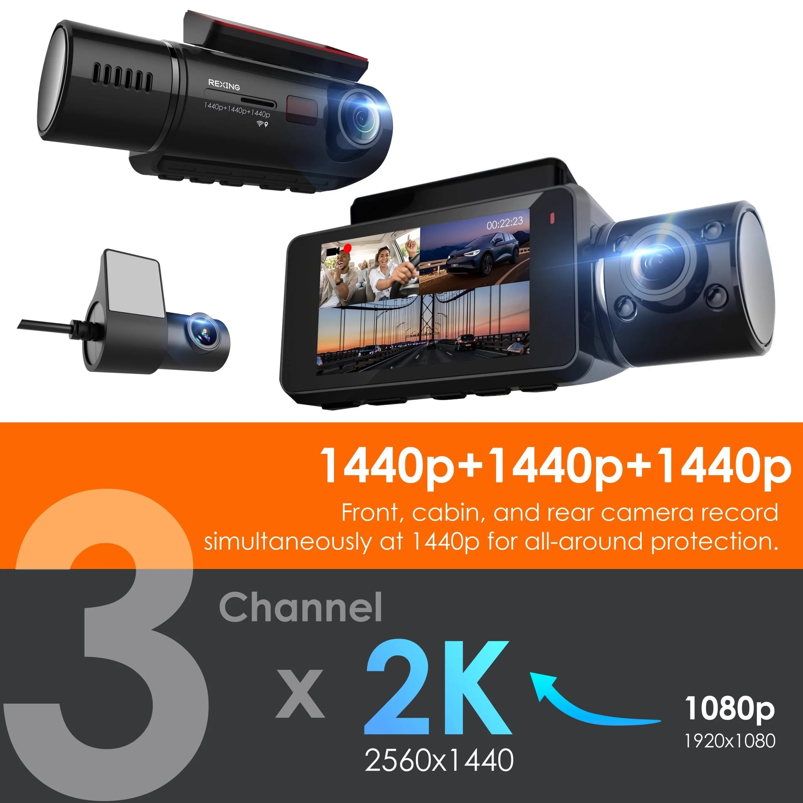 Rexing V33 3 Channel 1440p+1440p+1440p Front, Cabin and Rear Camera Dashcam with Built-in Wi-Fi & GPS - Energize Trek